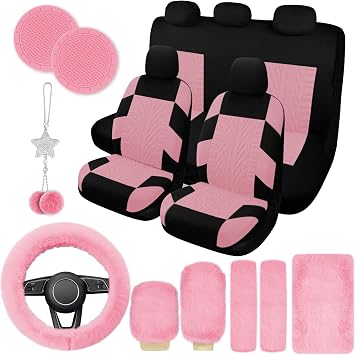 17 Car Seat Cover Full Set for Women,Universal Car Seat Cover,Plush Steering Wheel Cover,Fluffy Soft Wool Handbrake Gear,Suspension Accessories Full SUVPatterned Pink