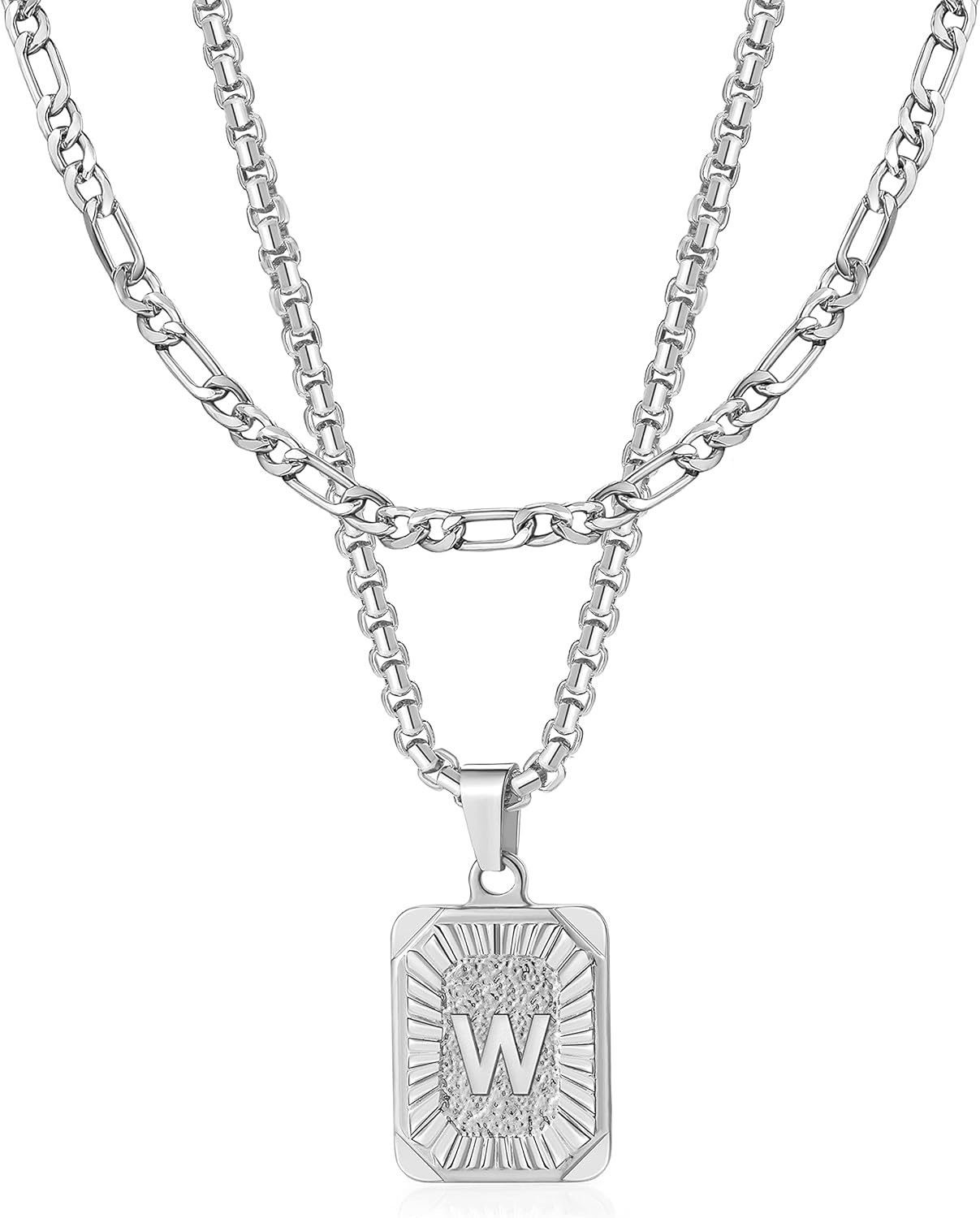 YANCHUN Initial A-Z Letter Pendant Necklace Mens Capital Square Initial Letter Pendant Necklace Silver Layered Necklace Personalized Jewelry Gifts