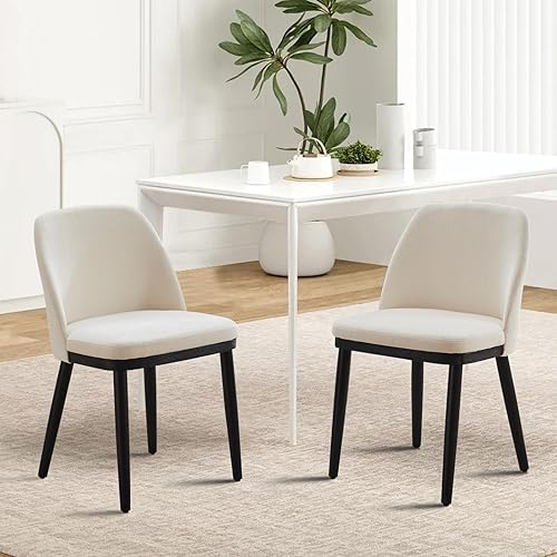 Miniatura 4 de GarveeHome Juego de 6 sillas de comedor modernas, Silla de cocina tapizada de lino, Silla de comedor beige con respaldo curvo, Patas de madera