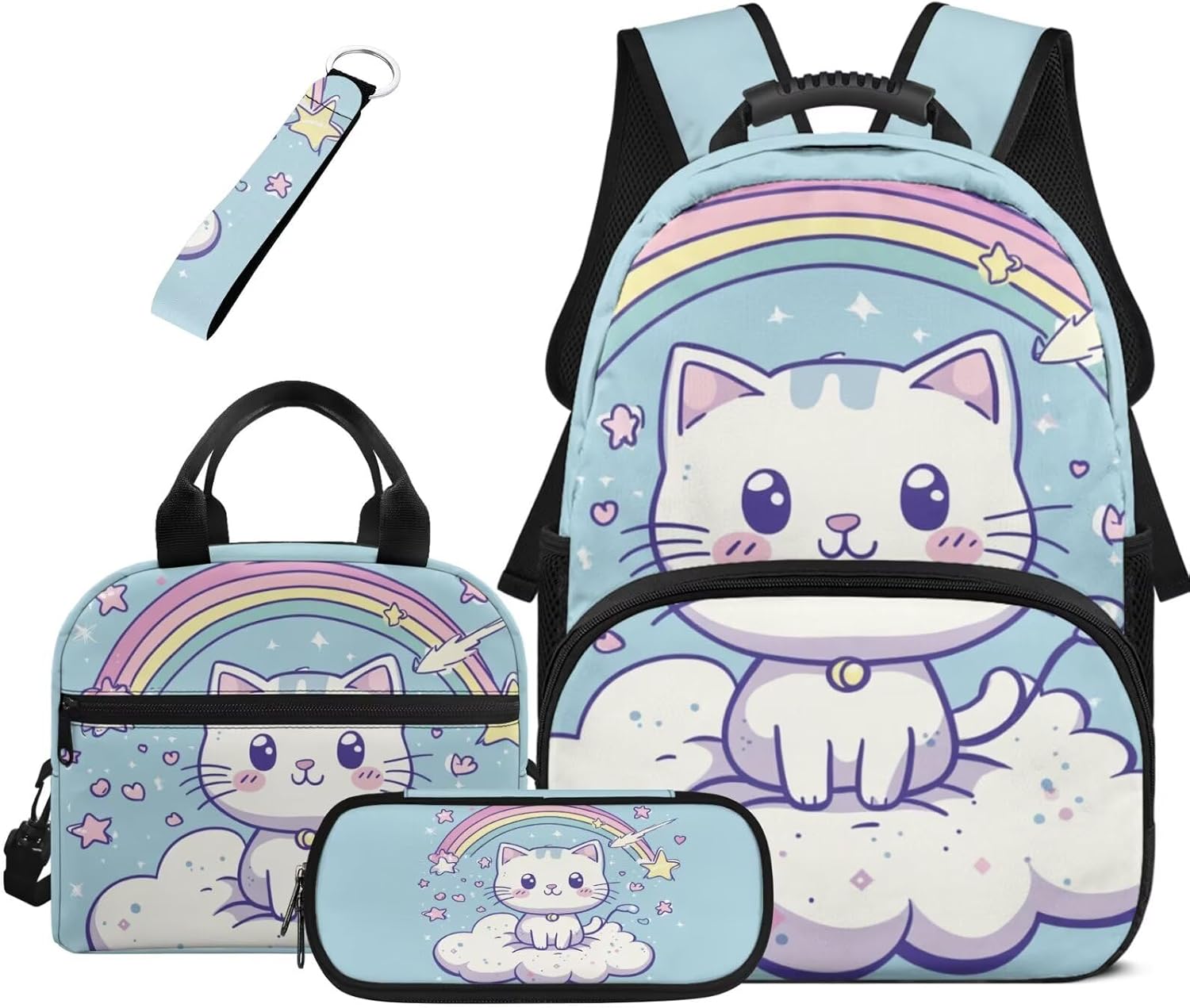 COEQINE 4 Pcs Kids Cat Backpack for Girls Rainbow Cartoon Bookbag for Teenage Toddler Preschool Elementary School Bag Set for Kids Girls 1 St Grade Large Capacity Lunch Box and Pencil Box for Birthday