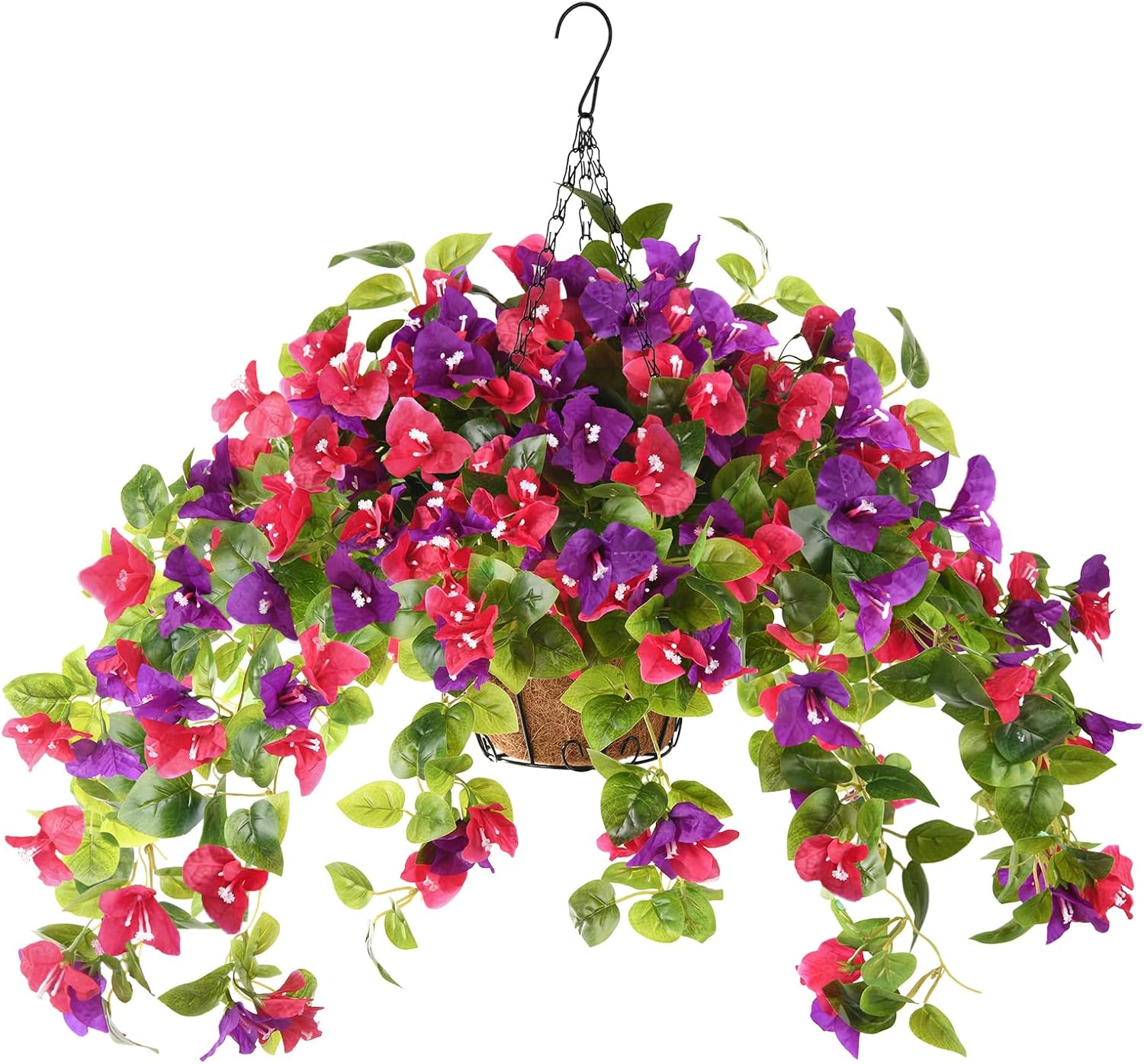Homsunny Artificial Fake Hanging Flowers Plants Basket for Outdoor Decoration, Faux Silk Flower Bougainvillea Planter Look Real UV Resistant for Home Porch Patio Balcony Yard Spring Decor(Mix Pulple)
