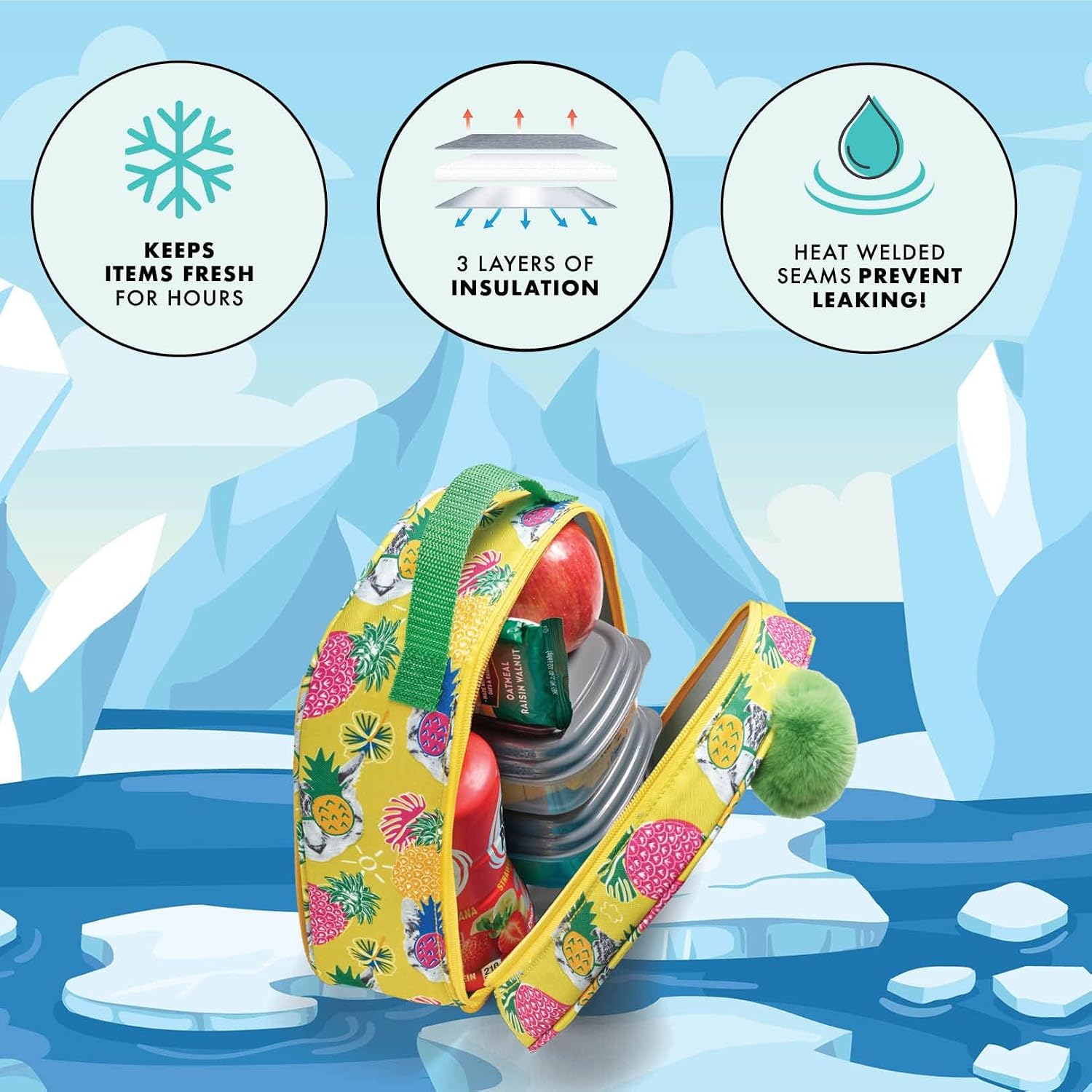 Fit & Fresh Insulated Lunch Box For Kids Boys & Girls, Lunch Bag For Kids With Matching Lunch Container And Ice Pack, School Lunch Box, Pinapple Kit