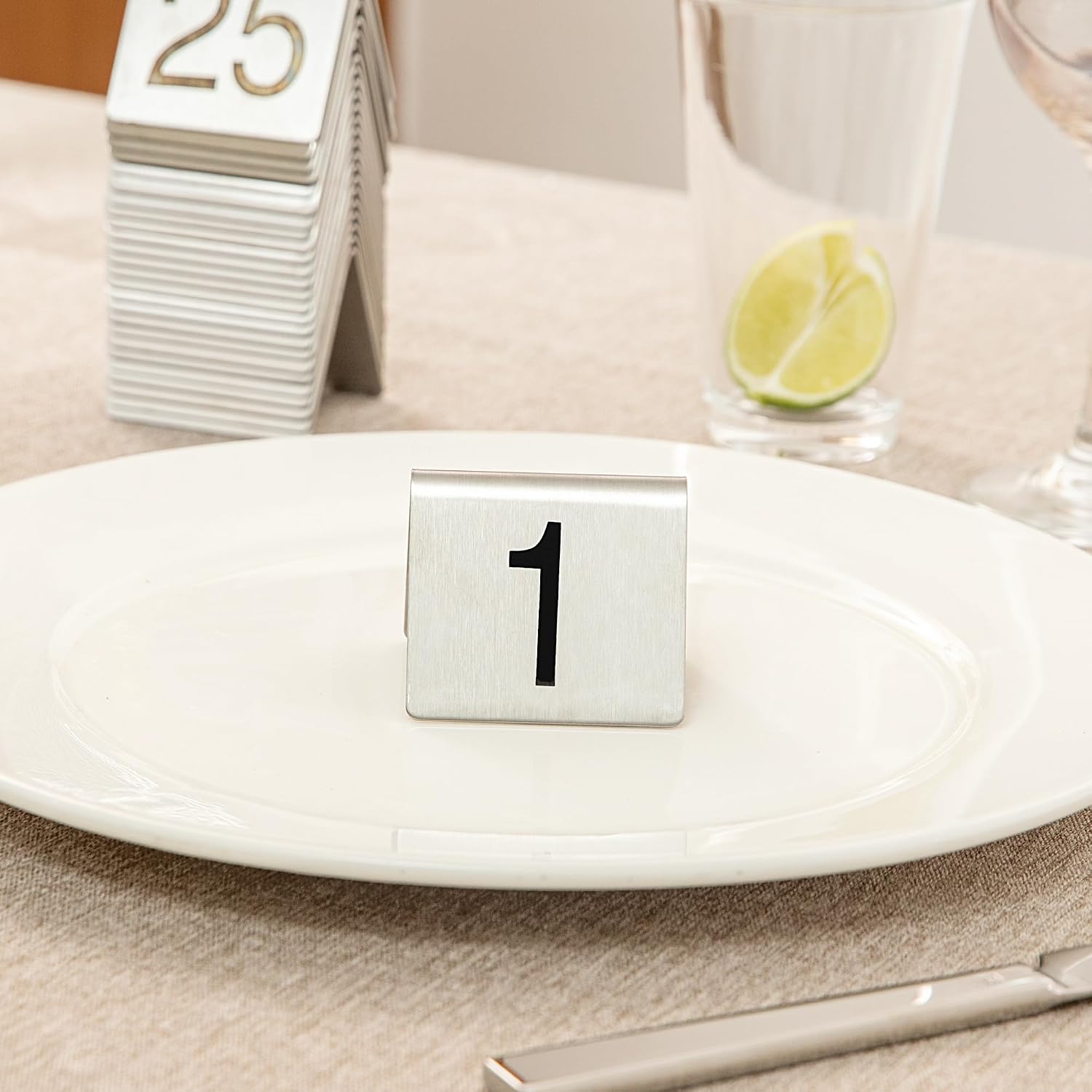 Restaurantware 2.95 x 2.56 x 5 Inch Stainless Steel Table Top Number Sign - 12 Count - Set of 1 to 25 Tent Signs, Rust-Resistant, Easy-to-Red - Silver Table Label for Restaurant, Events