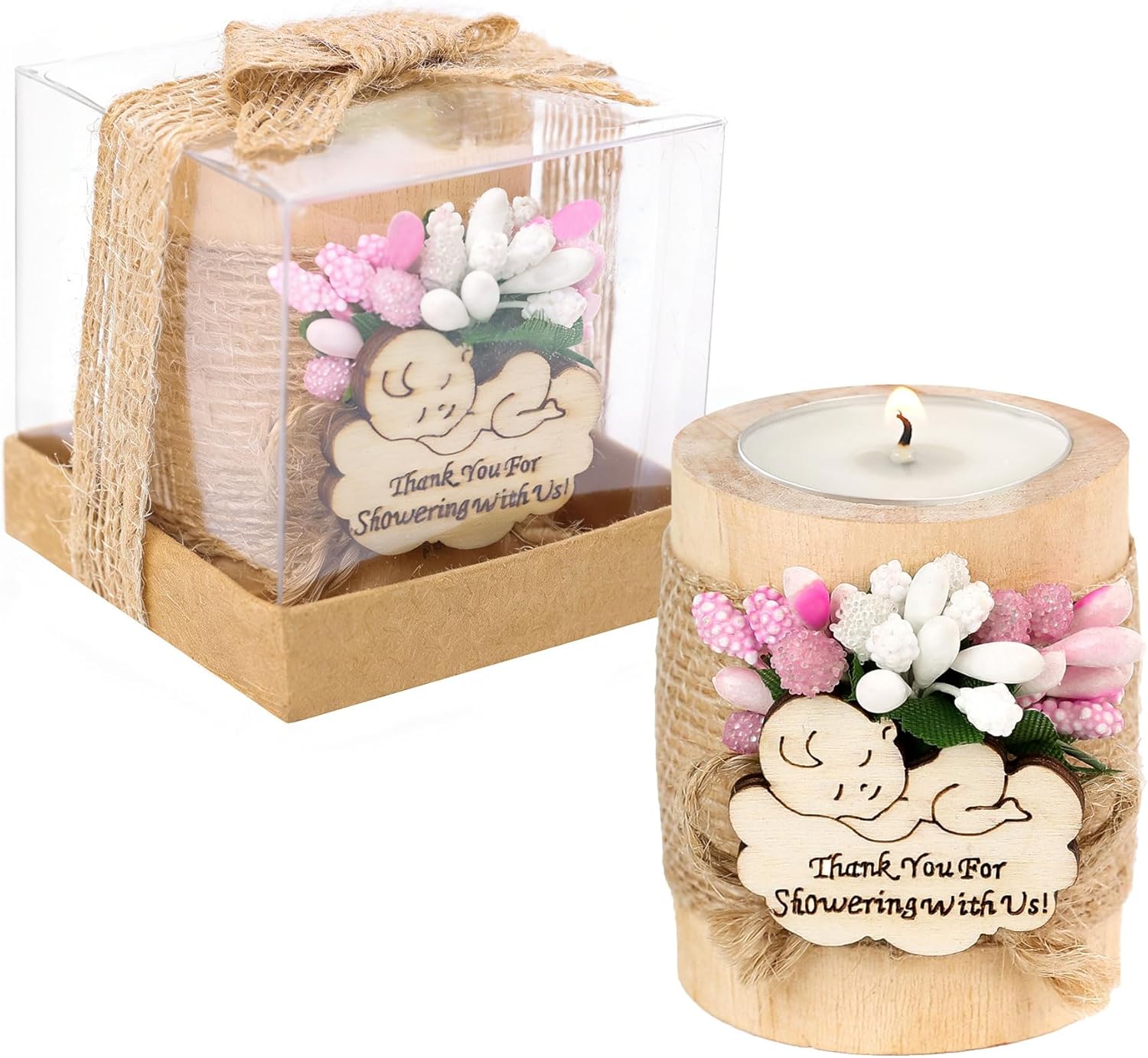 Ju's Favors Wooden Candle Holders (Set of 10), Baby Shower Favors, Candle Favors for Guests, Baby Christening Party Favors for Guests.(Light brown-pink)