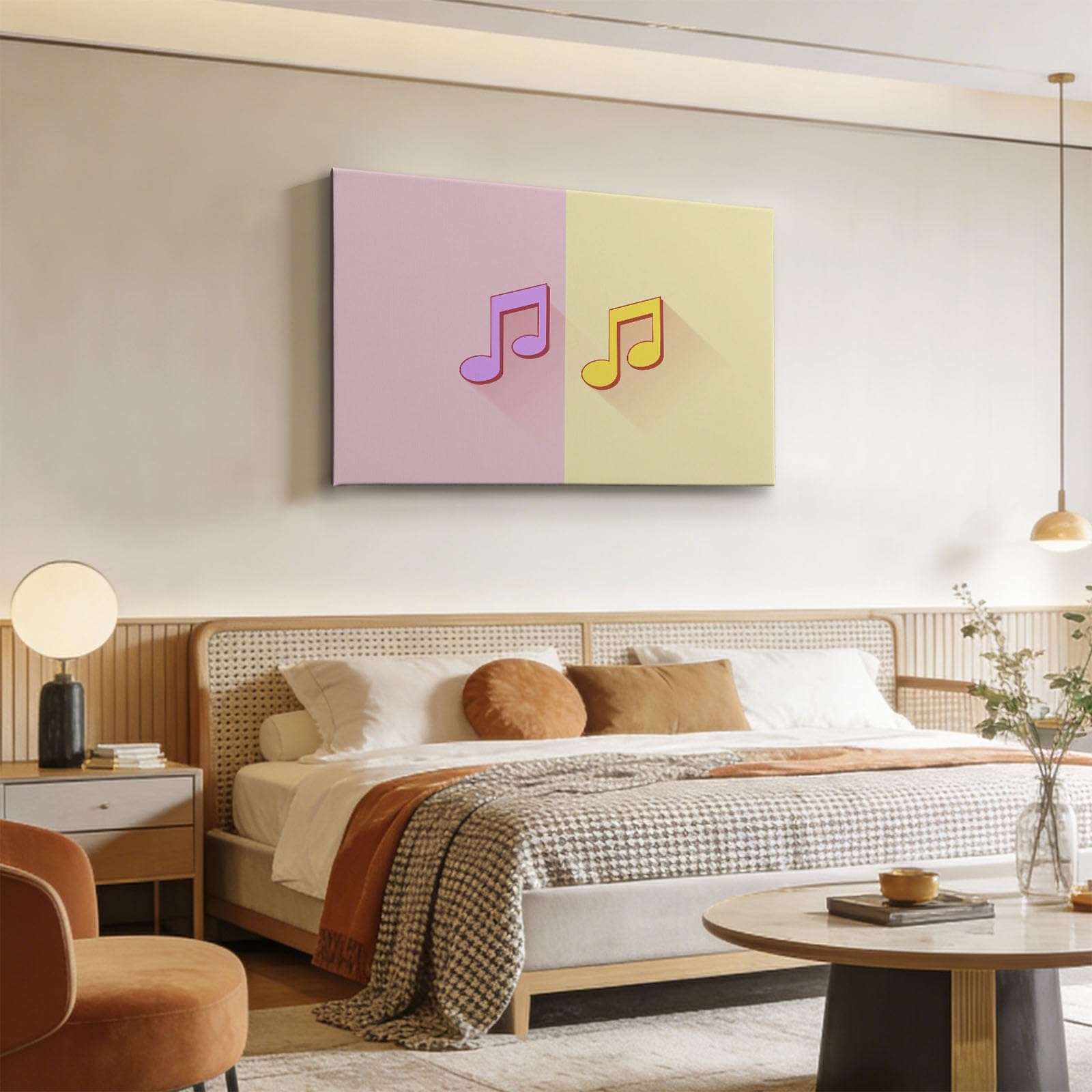 Minimalistisch Geometrisch Musiknoten Modernes Leinwandbild 90L x 60B cm mit Rahmen, Lila Gelb XXL Wanddeko für Wohnzimmer Geschenk Idee Einzug - Hochwertiger Kunstdruck auf Holzrahmen