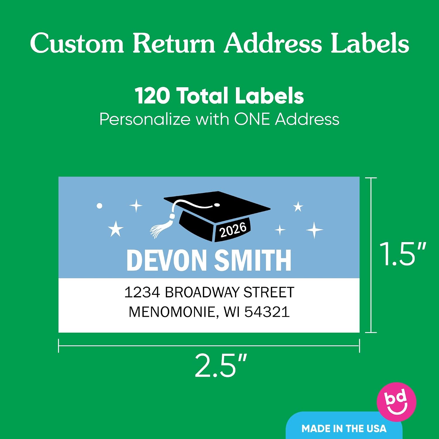 Big Dot of Happiness Light Blue Grad Party Personalized Return Address Labels for Envelopes, Custom Stickers with Name & Address, Home Mailing Labels for Invites & Thank Yous - 120 Count