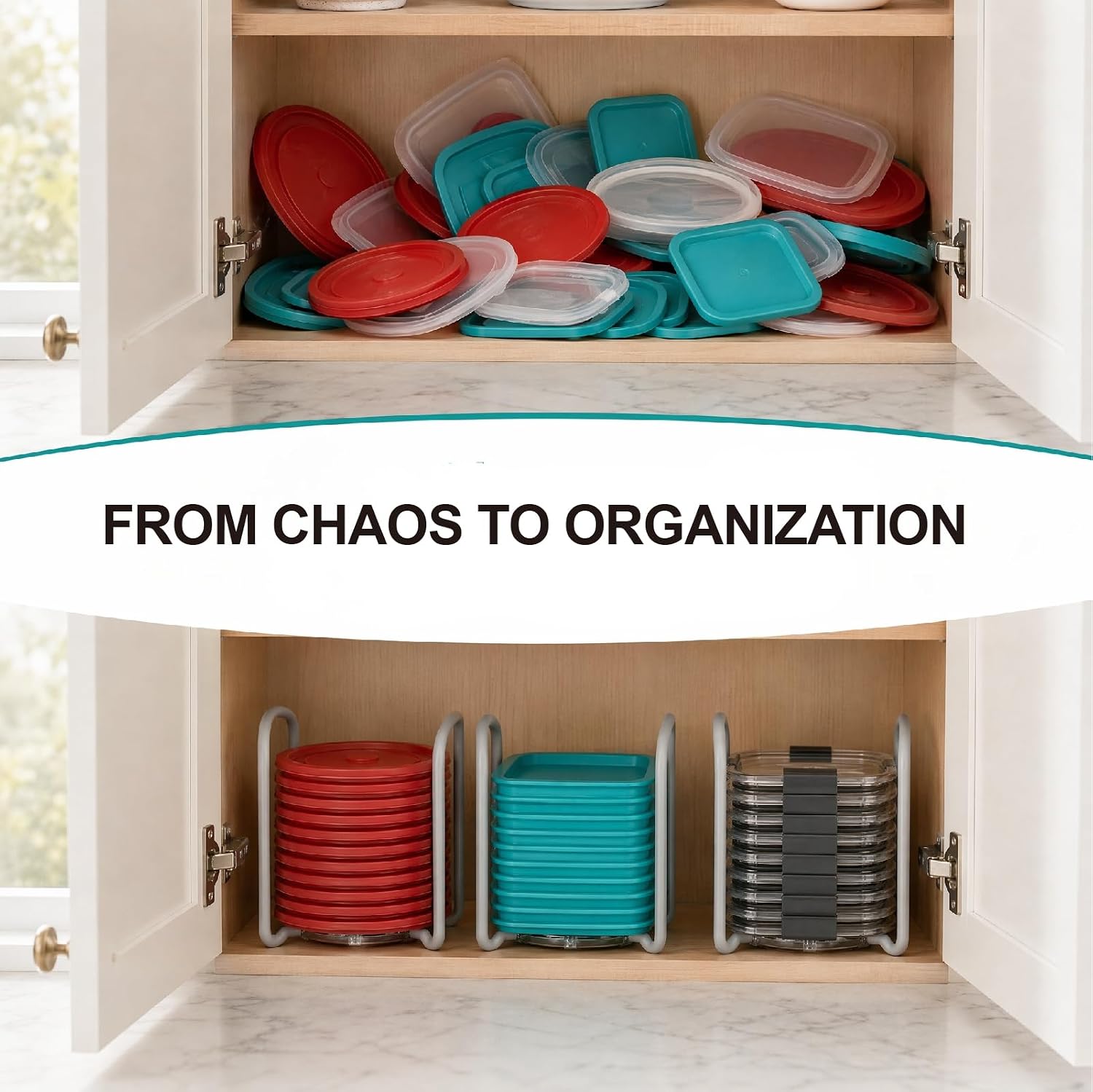 3-Pack Adjustable Food Container Lid Organizer inside Cabinet, Lids Organizer for Rubbermaid Brilliance