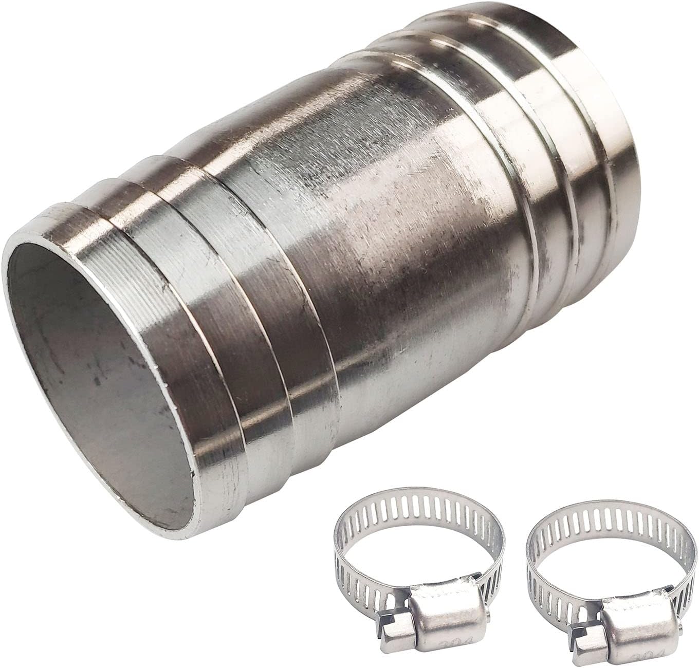 1-1/2" Stainless Steel Hose Barb Fitting Straight Shape Barbed Splicer Mender Union Coupler Fitting with 2PCs Hose Clamp for Oil Water Air