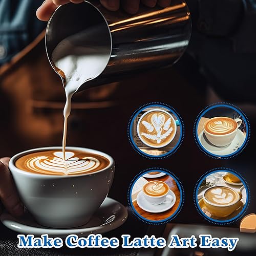 Miniatura 6 de Dandat 4 jarras de espuma de leche de 12 onzas, jarra vaporizadora de leche con lápiz de arte de café de acero inoxidable, accesorios para máquina