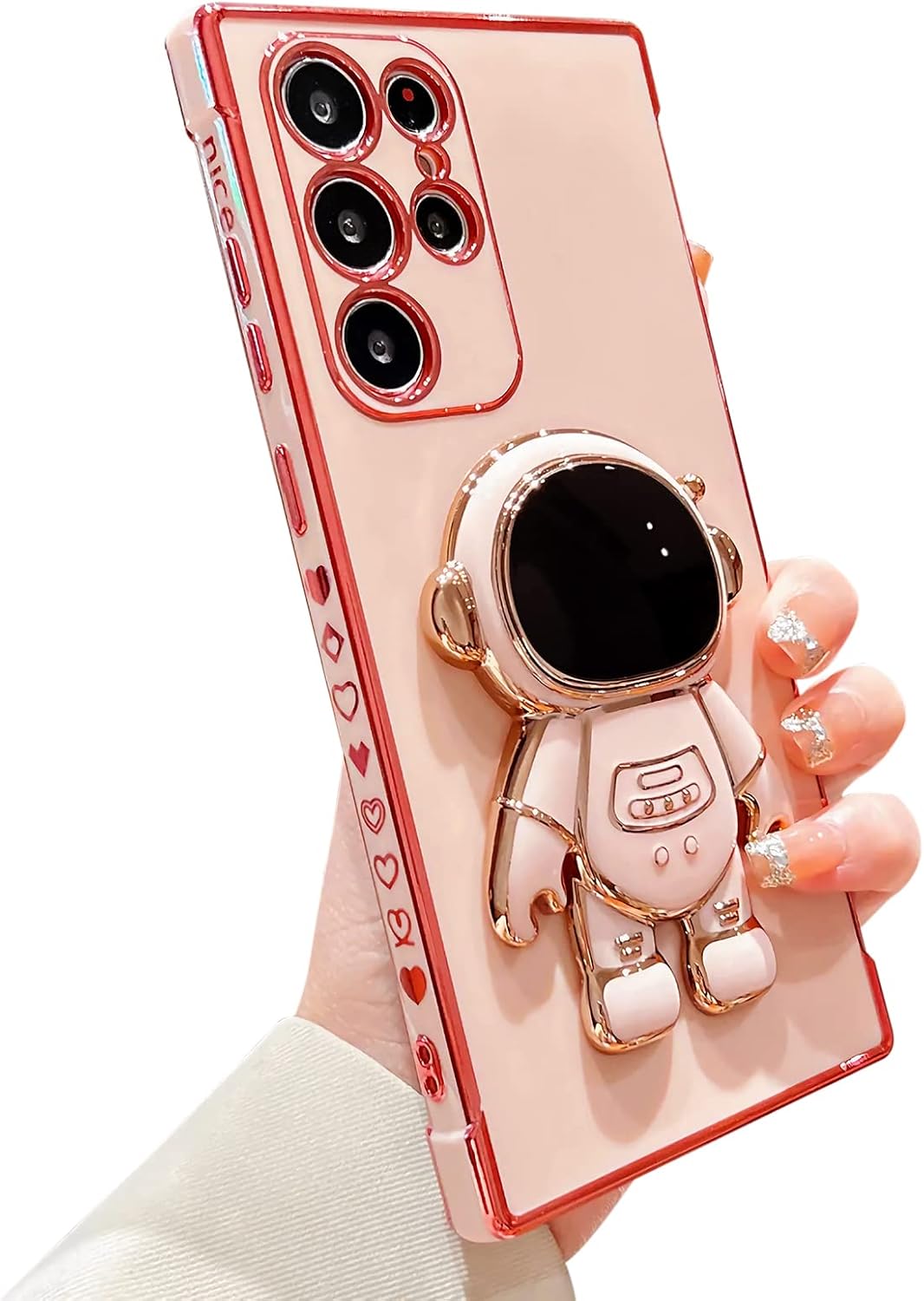 Phone Case for Samsung Galaxy S24 Ultra 6.8 Luxury Plating Astronaut Stand Holder Phone Case with Cute Love Heart Side Small Pattern Soft Silicone Shockproof Kickstand Cover Bumper (Pink)