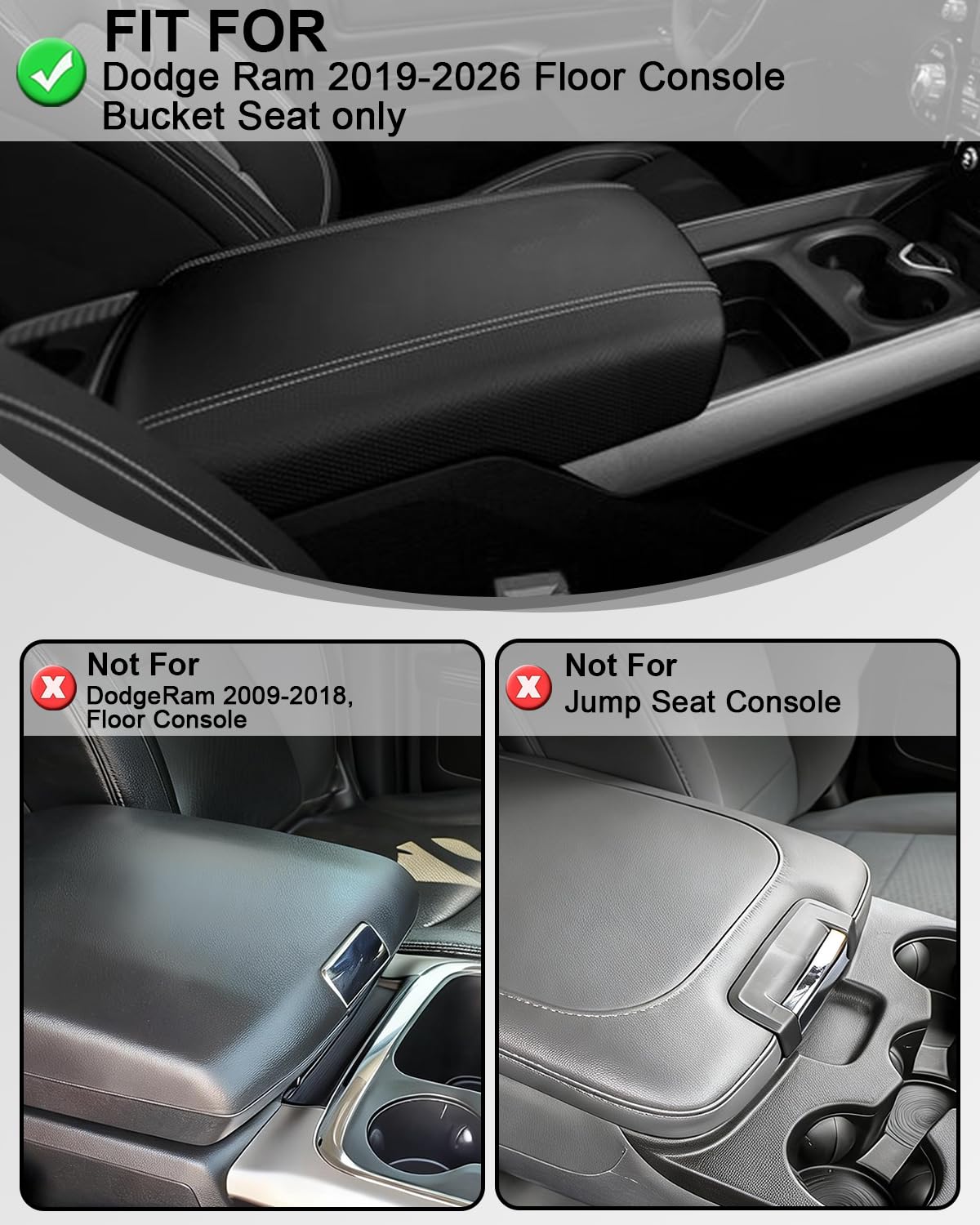 Copertura per bracciolo della console centrale compatibile con accessori Dodge RAM 1500 2500 3500 di quinta generazione 2019-2026, in pelle PU, antigraffio, nero (solo per sedile secchio)