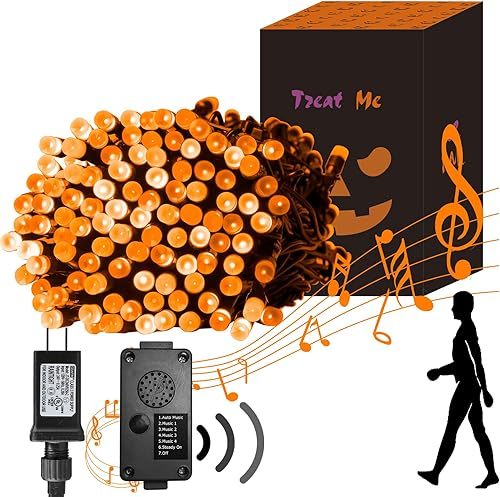 PEIDUO Luces de Halloween, 82 pies, 200 luces LED naranjas con sensor de movimiento, decoración exterior e interior con música