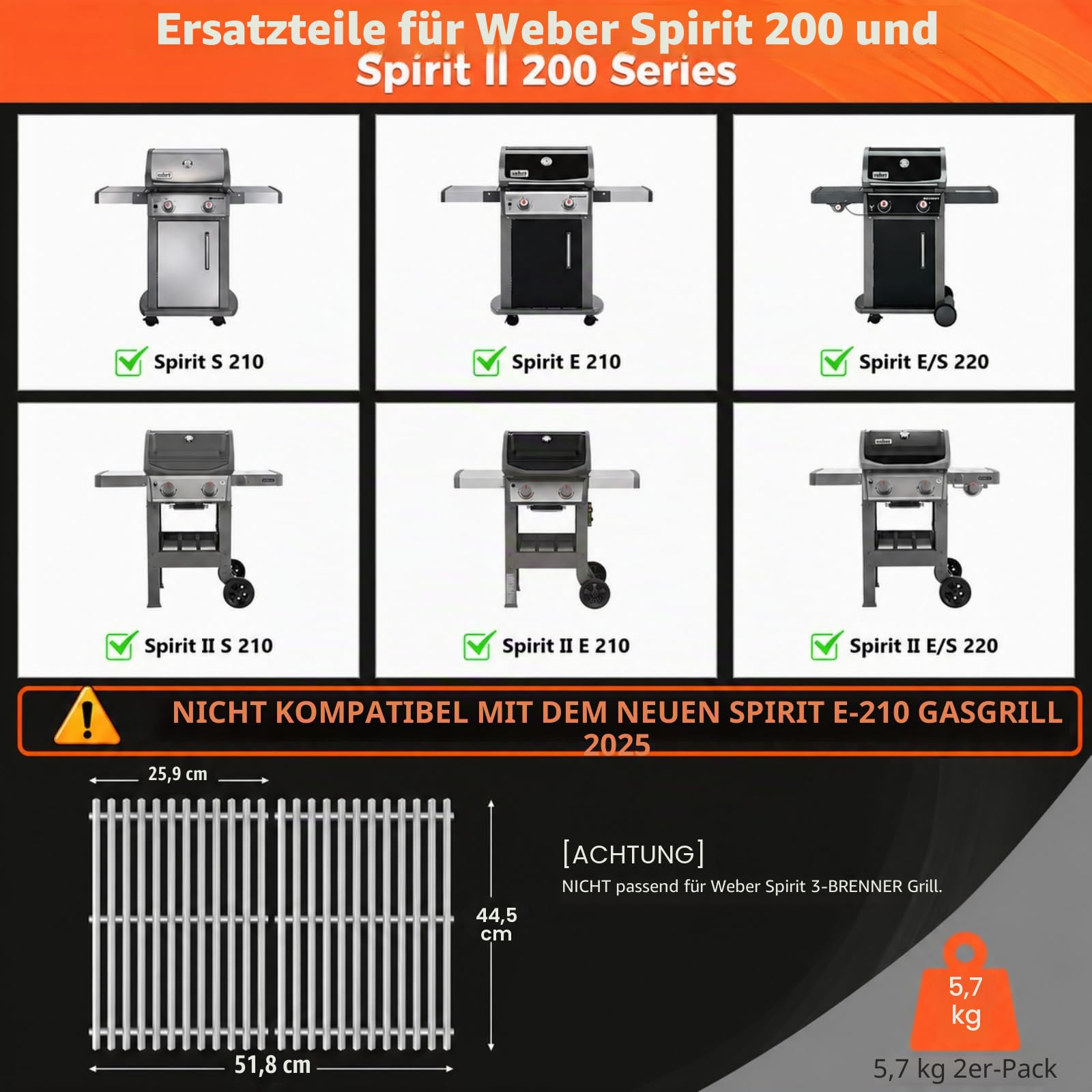 QuliMetal Grillroste Edelstahl für Weber Spirit 200 Serie, 44,5 cm, passend für Spirit E210 E220 S210 S215 Spirit II E210 E220