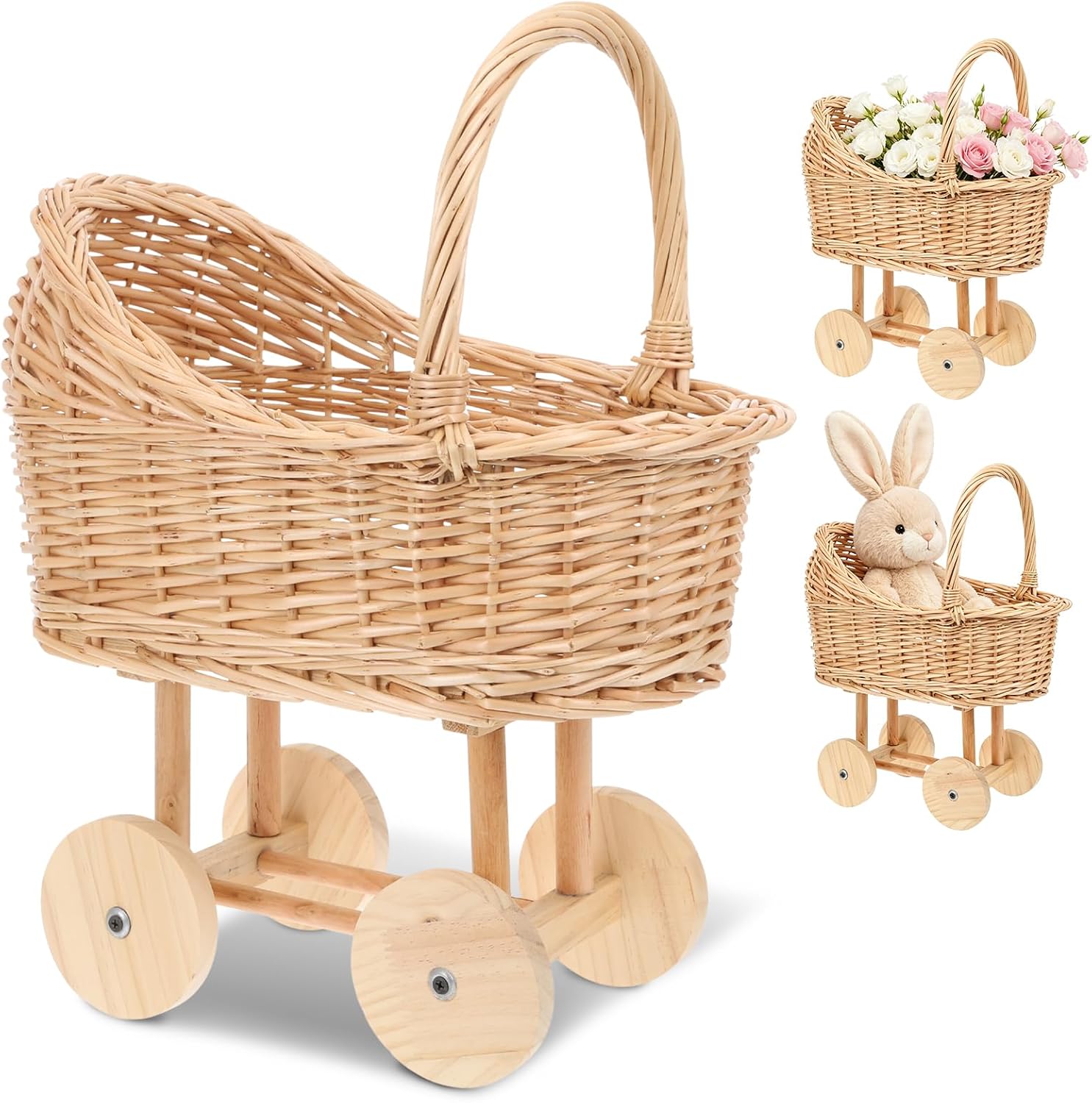 Wicker Flower Girl Basket with Handle Vintage Wicker Baby Carriage for Baby Shower Decorative Woven Rattan Stroller Shaped Flower Basket for Wedding Floral Arrangement