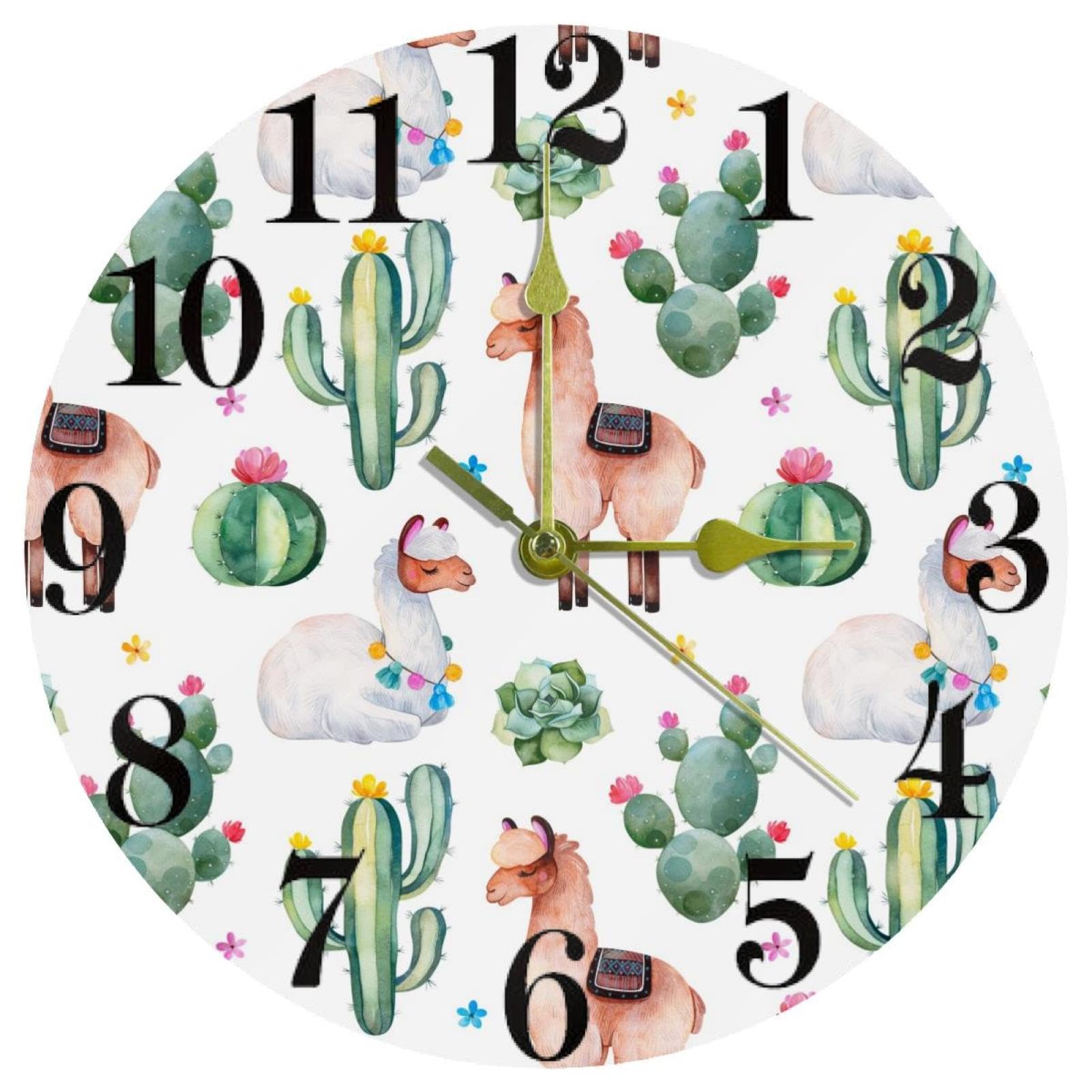 Horloge murale lama et cactus vert ronde en quartz silencieuse pour cuisine