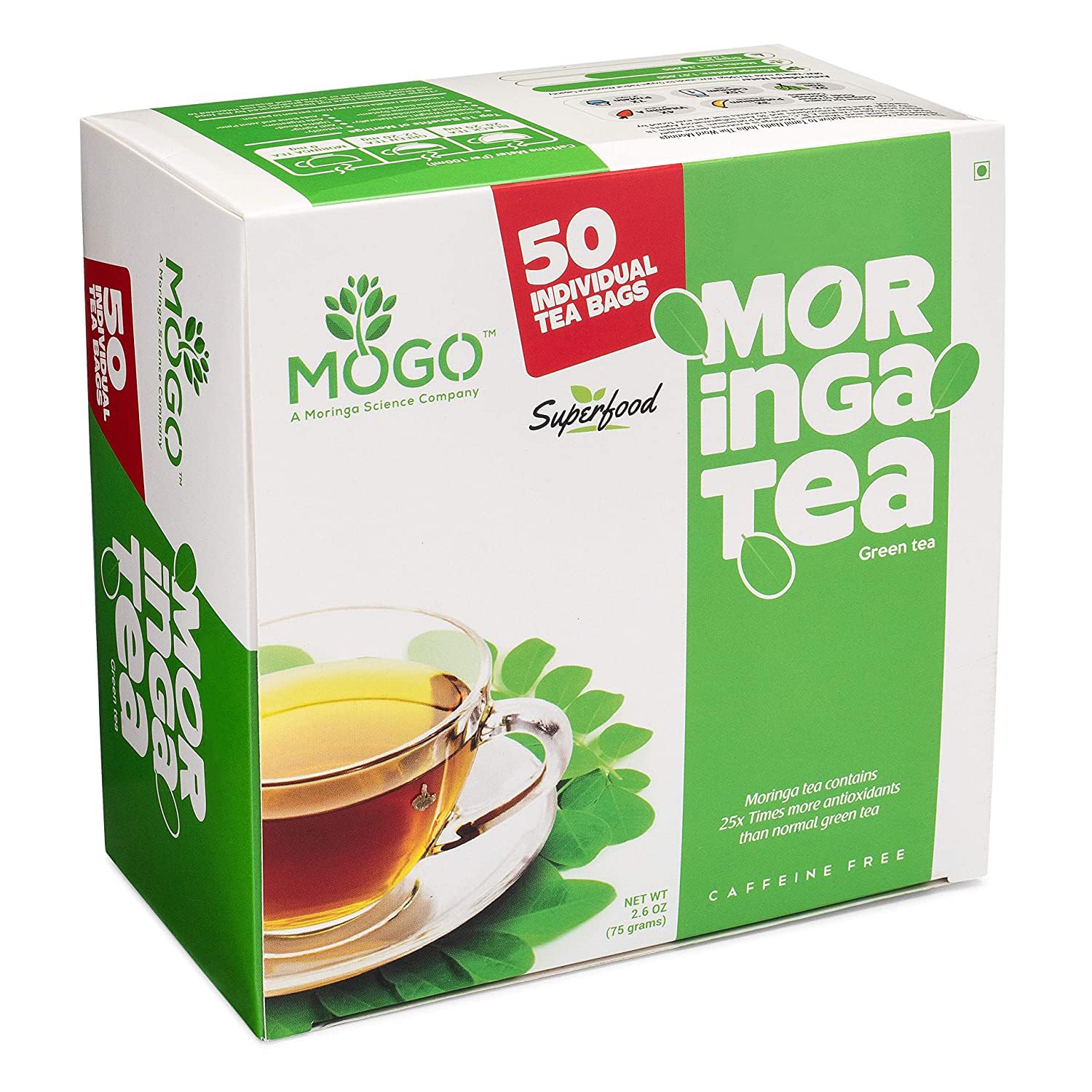 Moringa Tea Bags - 50 Count,100% Pure,Caffeine Free,Rich Aroma and Taste, Premium Grade Moringa Tea Leaves, Antioxidants Rich Herbal Green Tea