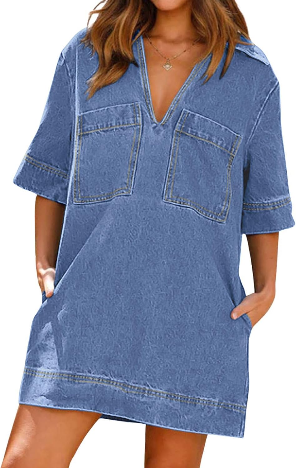loveimgs Womens Summer Casual Denim Dress Short Sleeve V Neck Distressed Jean Dresses Mini Shirt Dress - Image 2