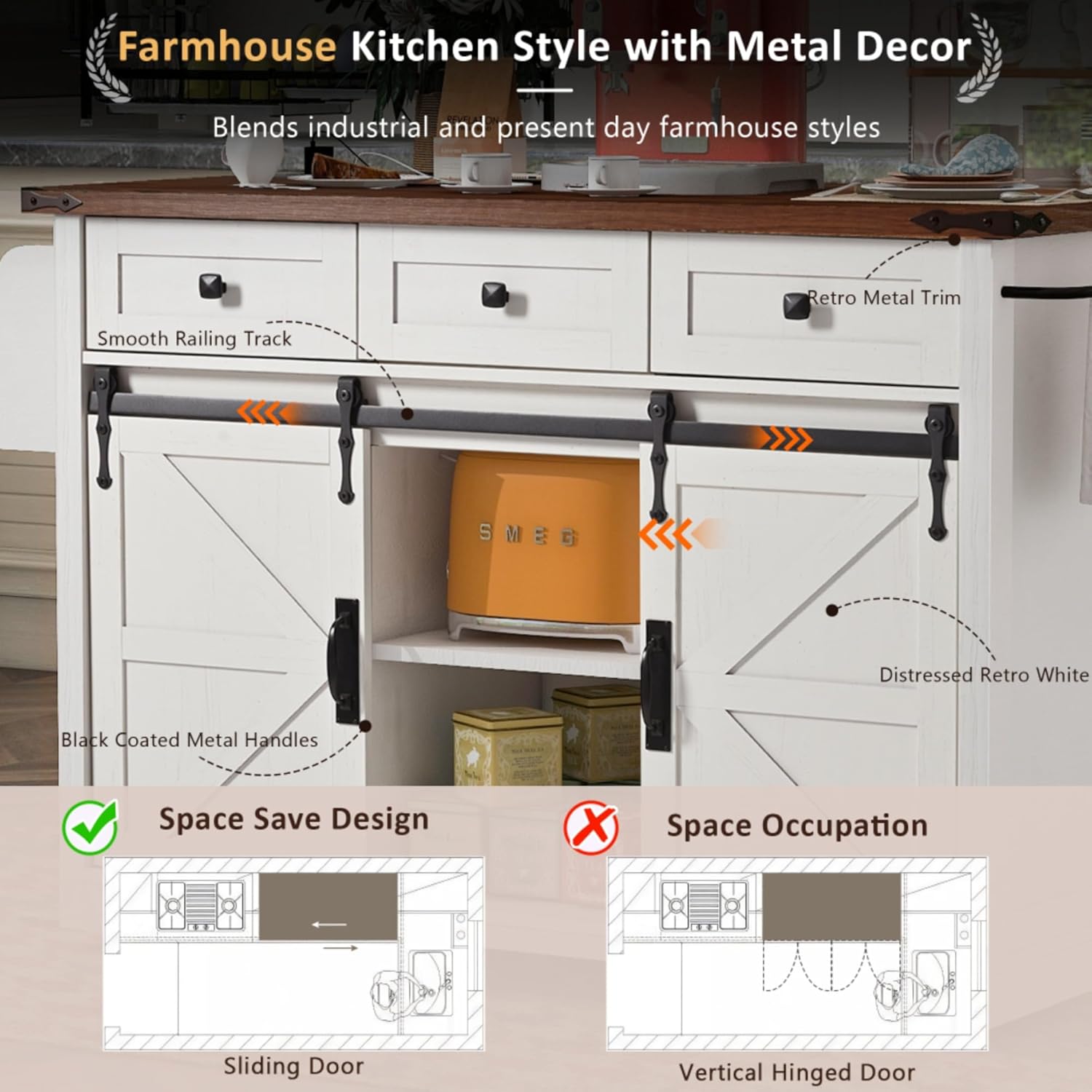 Farmhouse Kitchen Island with Power Outlet, 2 Sliding Barn Door Kitchen Storage Cabinet with Drop Leaf, Spice Rack Rolling Island Cart on Wheels for Home and Dining Room, Off White