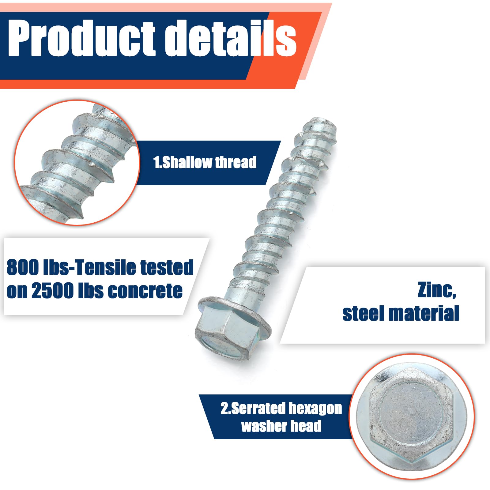 Tandefio Paquete de 150 tornillos de hormigón galvanizados de 0.3 x 2 pulgadas, tornillos de anclaje de gran diámetro, tornillos de anclaje para hormigón, tornillo de mampostería para anclaje a