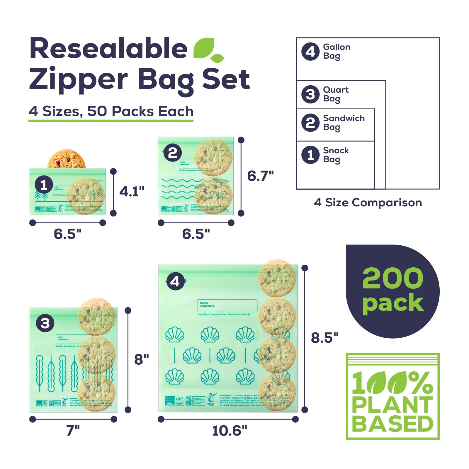 Fit Meal Prep Juego de bolsas Ziplock 100% compostables, bolsas resellables de almacenamiento de alimentos a base de plantas, aptas para congelador, bolsa con cremallera para alimentos, ASTM D6400,