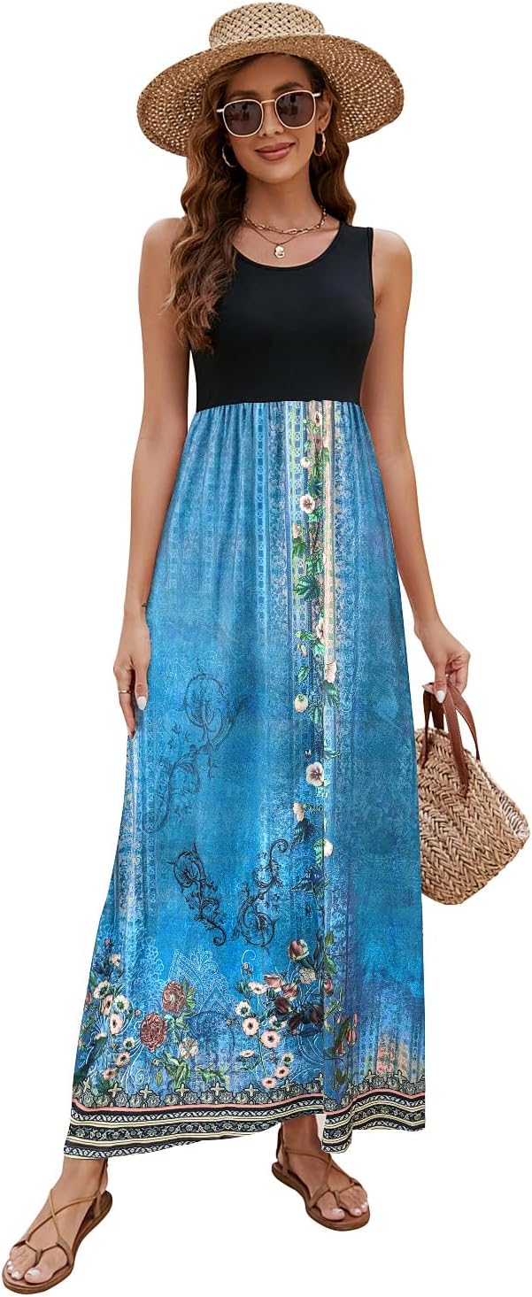 Sherosa Women's Summer Sleeveless Boho Floral Maxi Dresses Chevron Striped Casual Tank Flowy Long Sundress Beach Vacation - Image 3