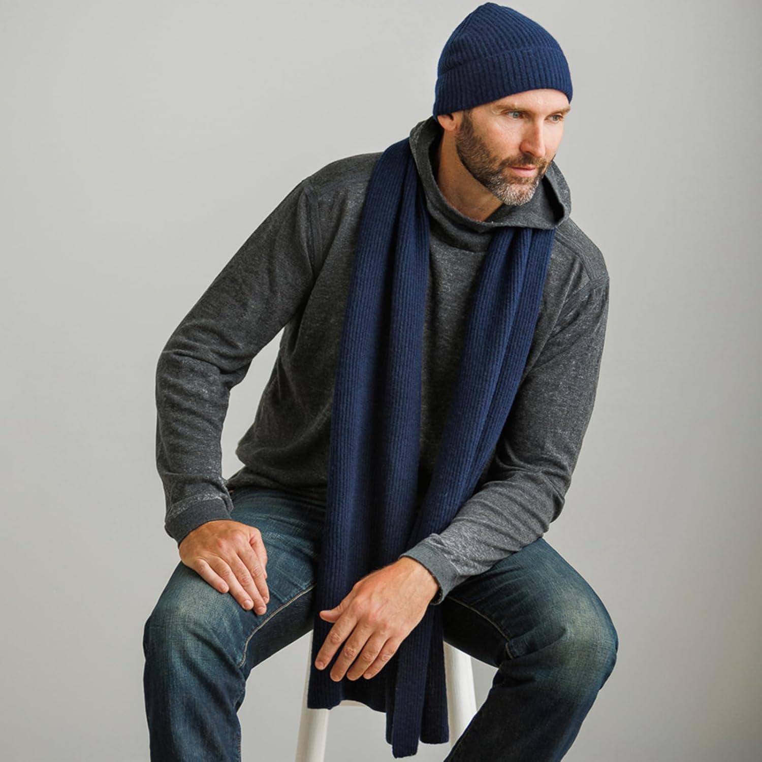 Fishers Finery Men's 100% Cashmere Ribbed Knit Hat and Scarf Set; Gift Box - Image 4