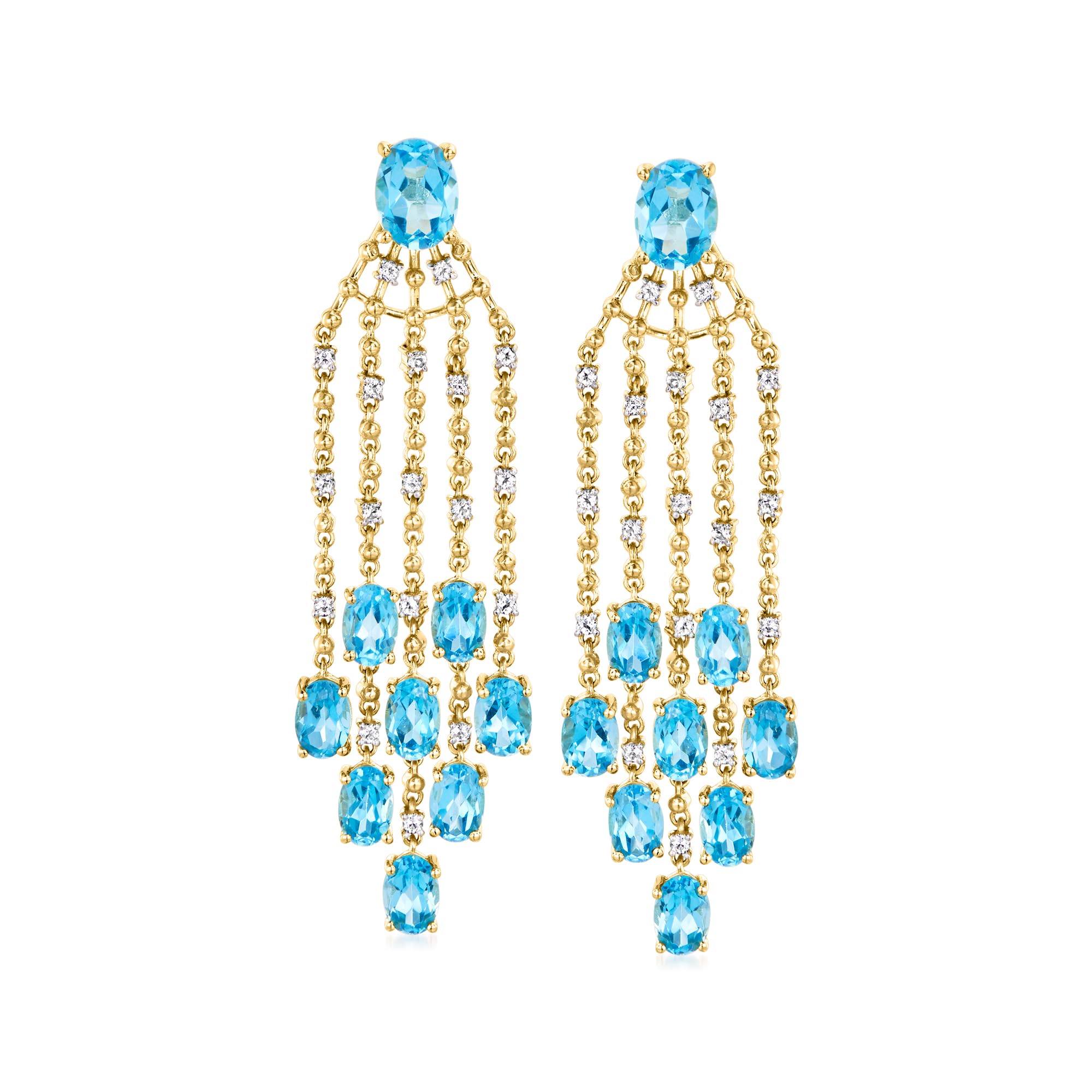 Ross-Simons 12.60 ct. t.w. Swiss Blue and White Topaz Chandelier Earrings in 18kt Gold Over Sterling
