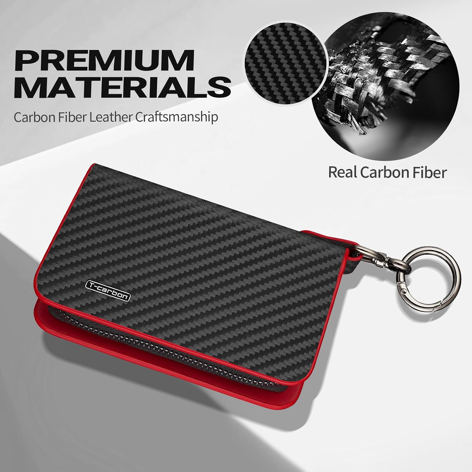 T-carbon Credit Card Holder,RFID Blocking ZIpper Credit Card Wallet for Men and Women,Carbon Fiber Card Holder Wallet,12 Card Slots Red