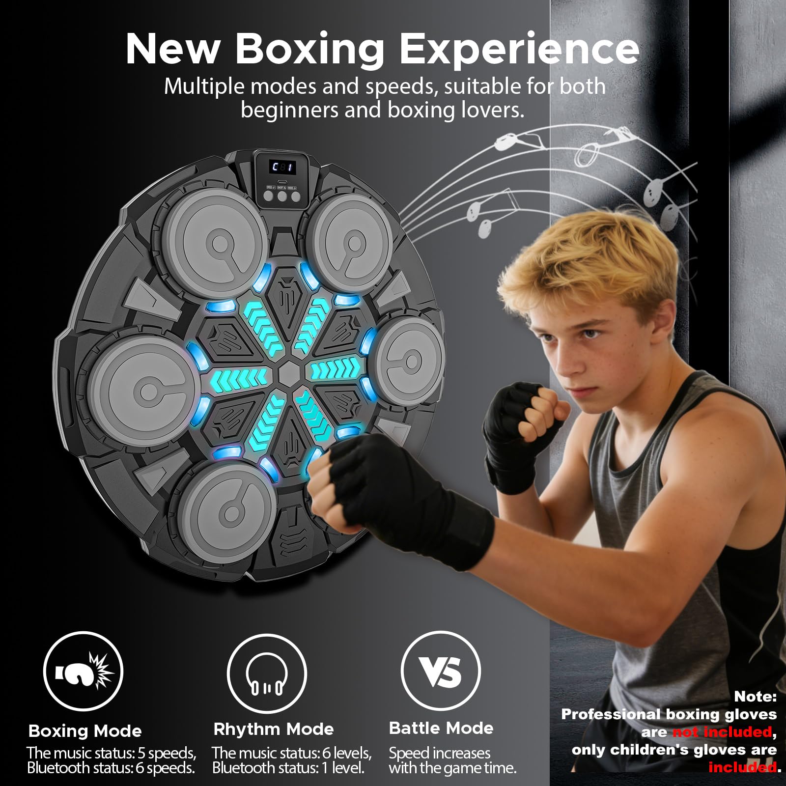 Macchina da Boxe Musicale per Adulti e Bambini, Attrezzatura Intelligente per Allenamento di Boxe, con Bluetooth, da Parete, Bersaglio, Giocattoli Sportivi per Bambini, con guantoni da Boxe