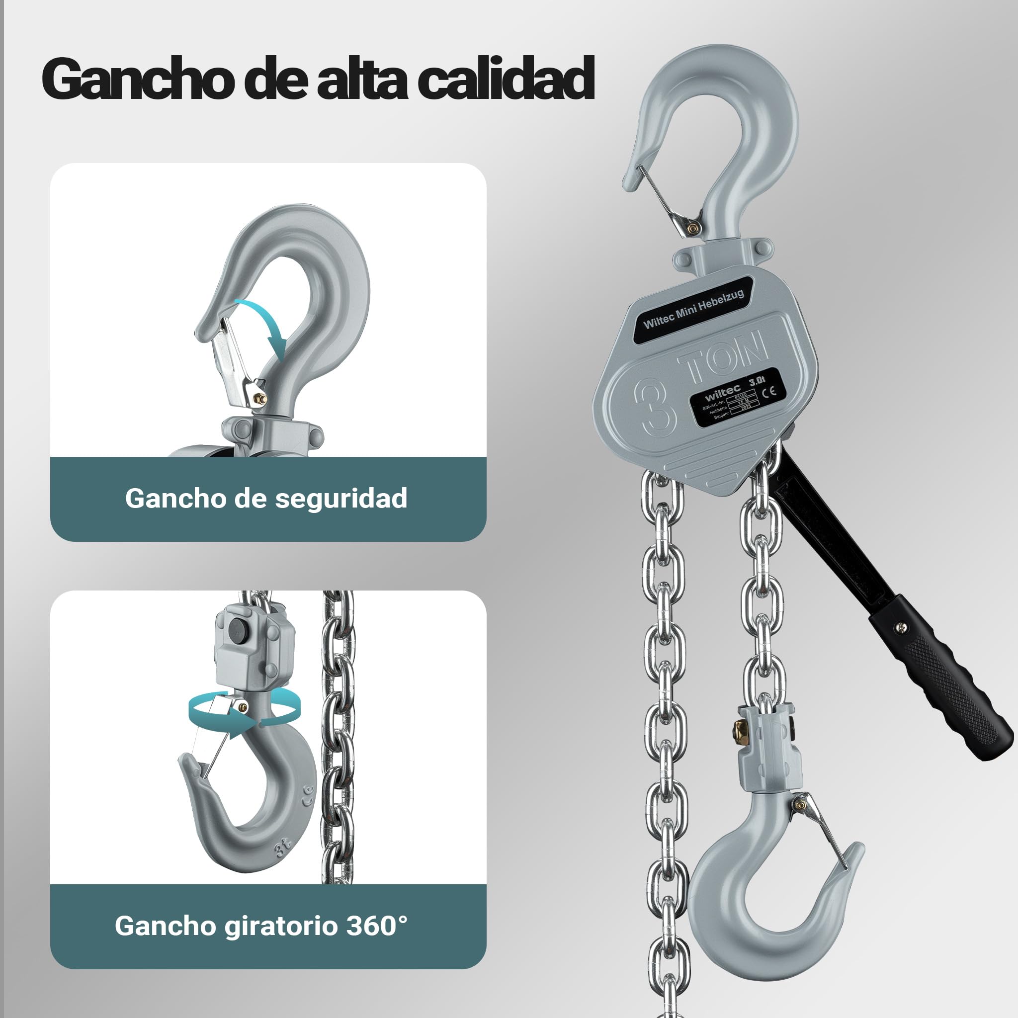Wiltec Mini polipasto de palanca 3 t con cadena G100 y carcasa de aluminio cabrestante manual de 1,5 m de elevación sistema de freno y engranaje reductor para mayor seguridad y facilidad de uso
