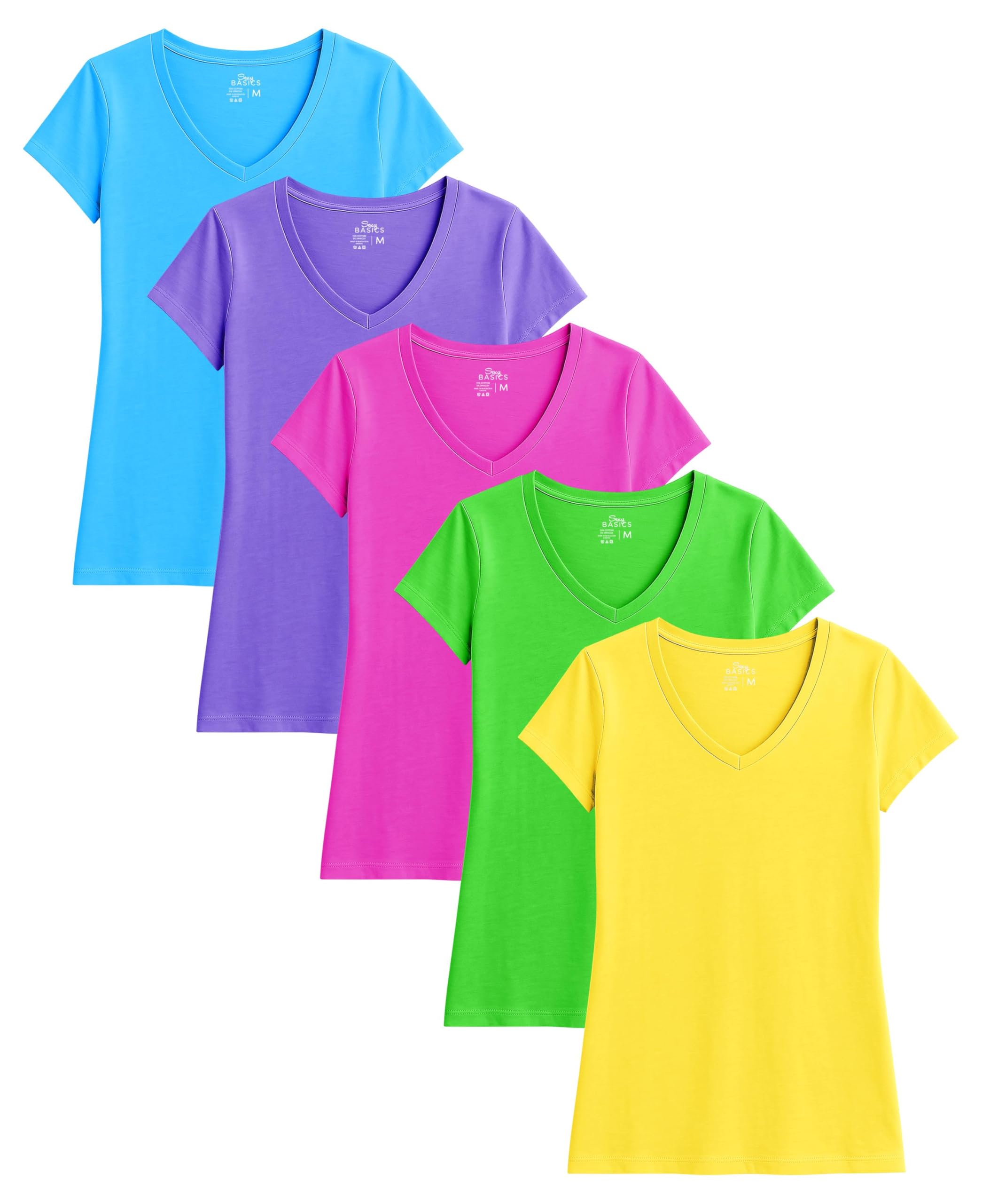 Womens' Cotton Stretch V Neck Color T Shirts | Casual & Active Basic Short Sleeve Tops | Multi Packs