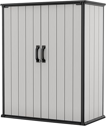 Keter Premier Tall 4.6 x 5.6 ft. Resin Outdoor Storage Shed with Shelving Brackets for Patio Furniture, Pool Accessories, and Bikes, Grey & Black