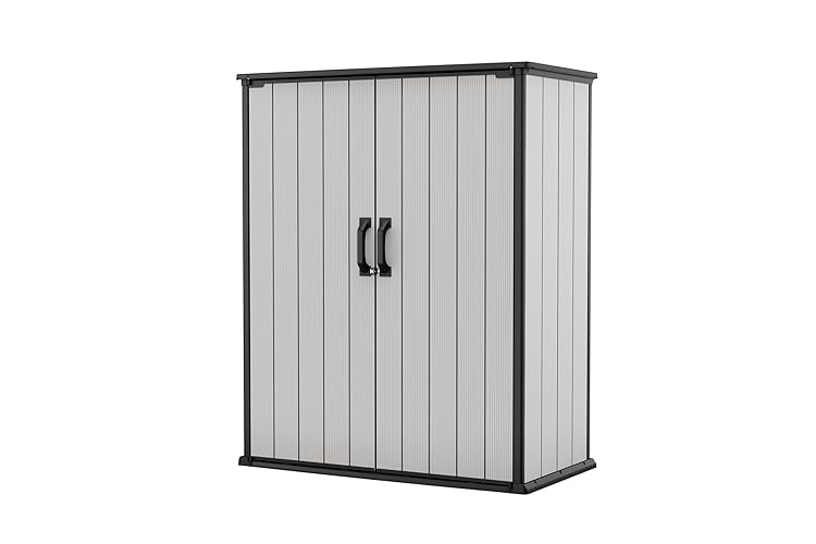 Cobertizo alto de resina para almacenamiento exterior Keter Premier con estantes para muebles de patio, accesorios de piscina y bicicletas, gris y negro