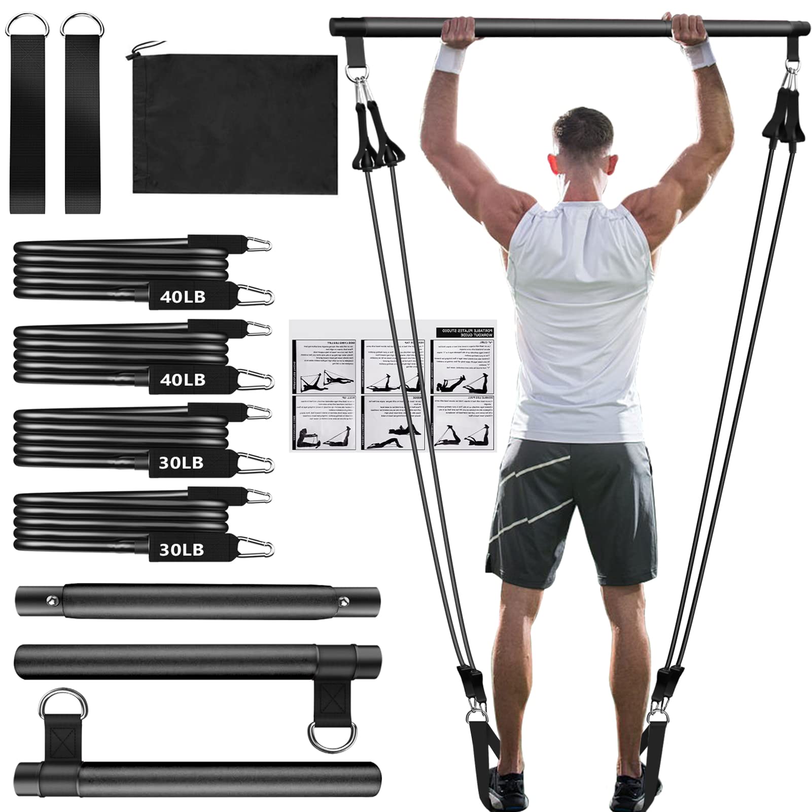 Pilates Bar Kit with Resistance Bands,Pilates Bar with Stackable Bands Workout Equipment for Legs,Hip,Waist and Arm,Exercise Fitness Equipment for Women & Men Home Gym Yoga Pilates