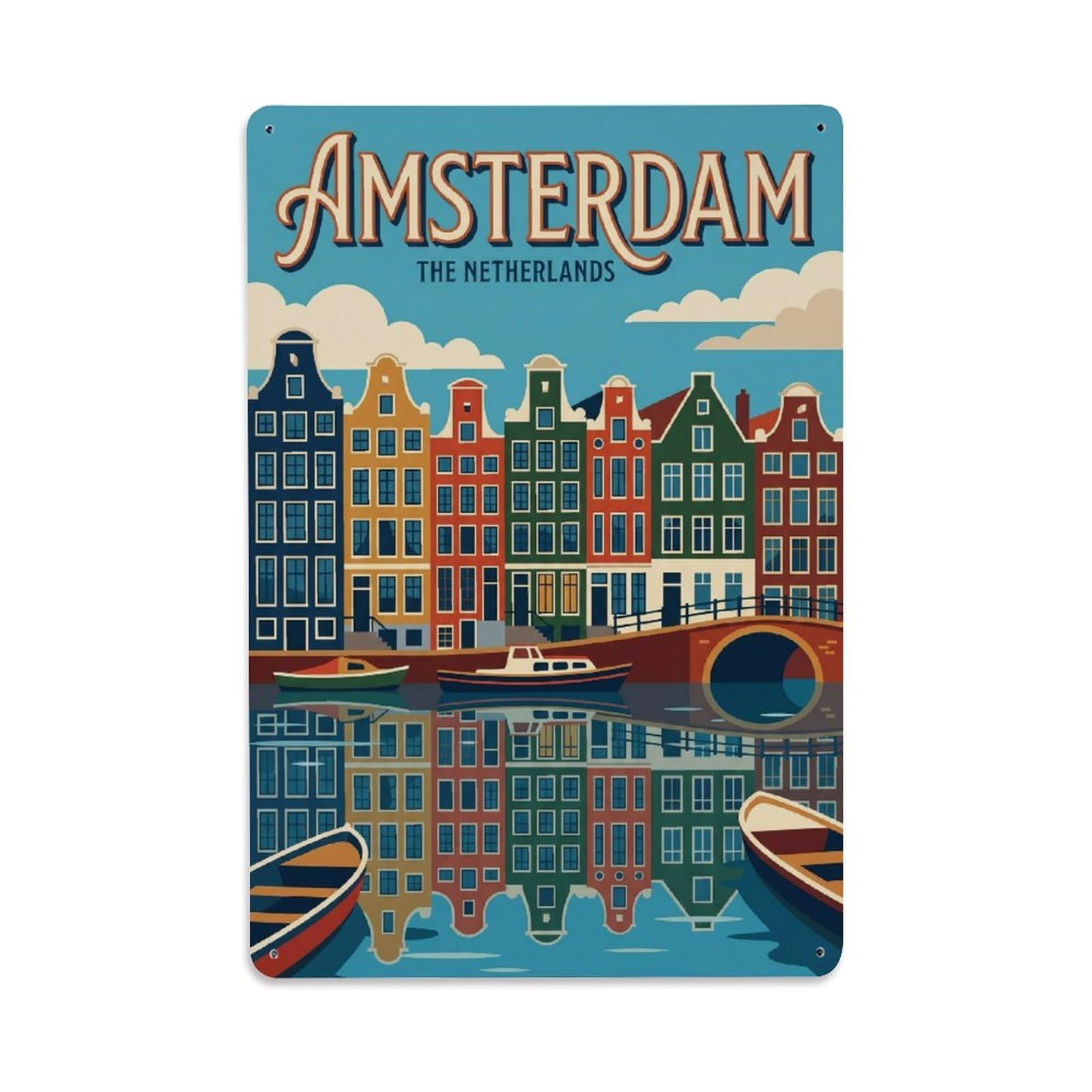 Okngb Style Retro Canal Quay Amsterdam Harbor Travel Waterway Route Metal Tin Sign Plaque Wall Decor For Cafe, Man Cave, Club Bar, Office, Home Garden Round Metal Poster 8X12inch