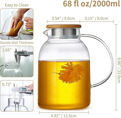 Miniatura 3 de Tetera grande de vidrio con infusor, apta para estufa, vidrio de borosilicato grueso resistente al calor, 68 onzas líquidas, hervidor de té de