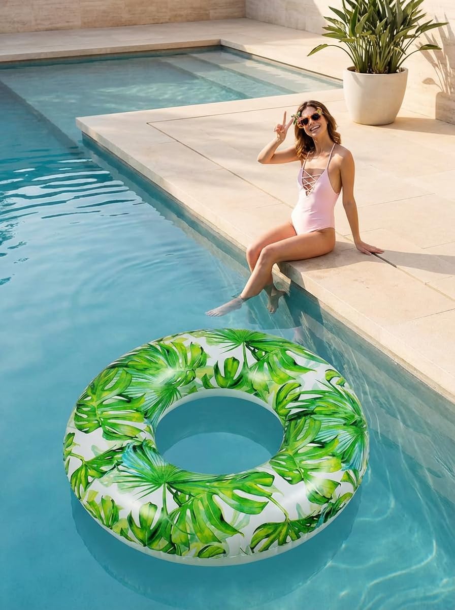 Tropical Leaf Inflatable Pool Float for Adults - 36 Inch Large Swim Ring, Durable PVC Summer Beach Water Lounge