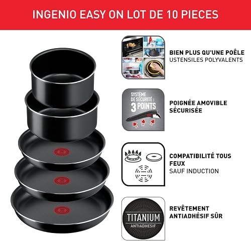 Tefal Ingenio Batterie de cuisine 10 pièces, Poêles, Casseroles, Couvercles, Poignée, Non induction, Revêtement antiadhésif, Empilable, Compatible lave-vaisselle, Fabriqué en France, Easy On L1599902 - 2