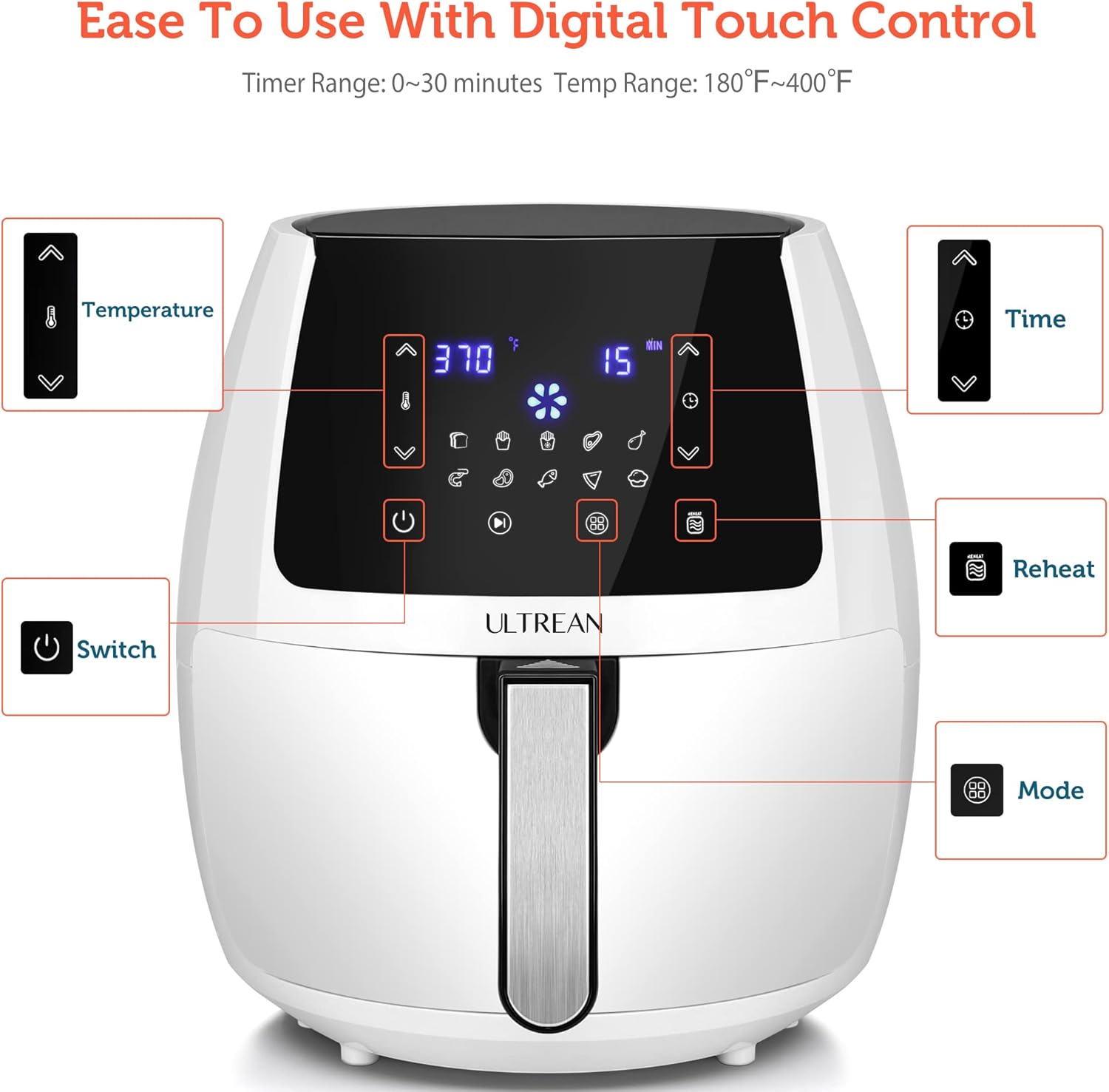 ULTREAN Air Fryer digital control panel with labeled buttons for temperature, time, switch, reheat, and mode