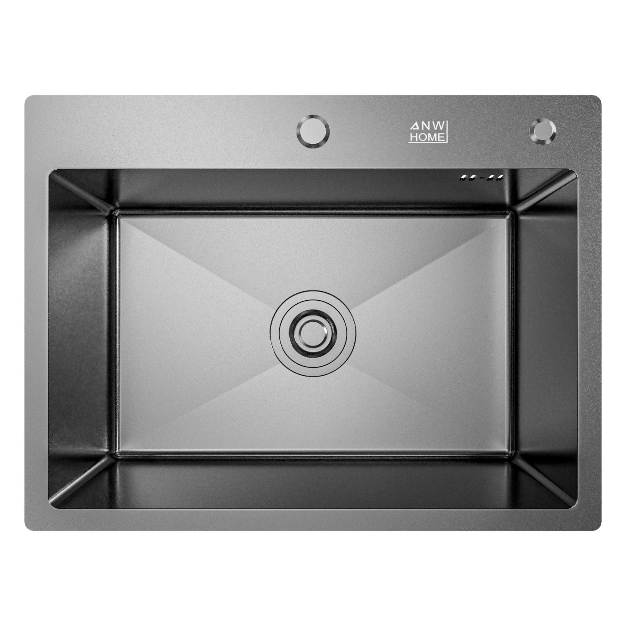 ANW HOME Kitchen Sink 60x45 cm, Stainless Steel Sink, Single Bowl Topmount in Graphite PVD with Nano-Coated Surface, Thickness 3.0+1 mm, with Siphon Soap Dispenser and Basket