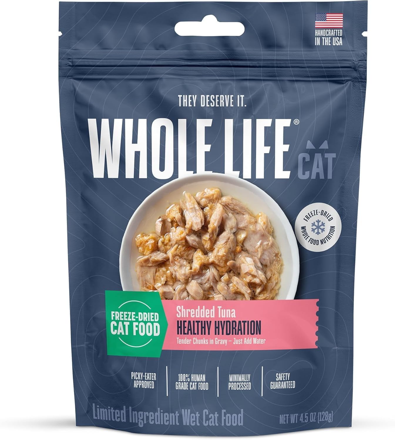 Whole Life Cat Freeze Dried Cat Food - Human-Grade Wet Food Toppers, Snacks & Lickable Treats, Instantly Hydrating Natural Broth Just Add Water - Shredded Tuna, 4.5 Oz