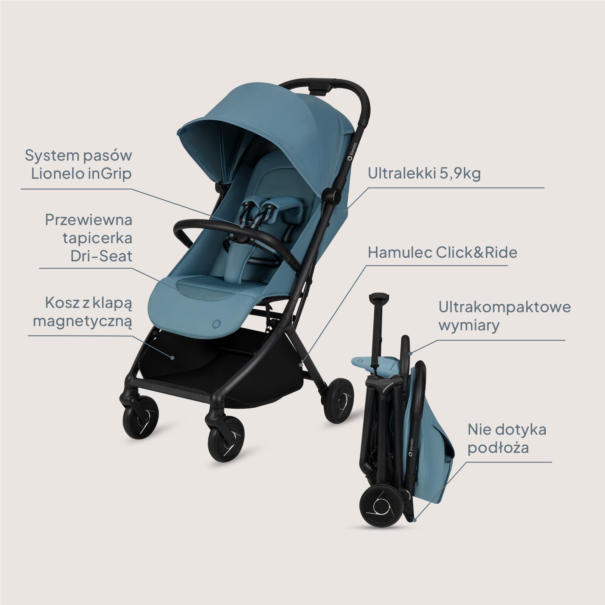 Lionelo Sia wózek podróżny ultralekki i ultra kompaktowy, składany, 5,9 kg, do 22 kg, od 6 miesięcy do 4 lat, pozycja leżąca, zawieszenie, osłona UPF50+, moskitiera, kosz na zakupy 3 kg, uchwyt na