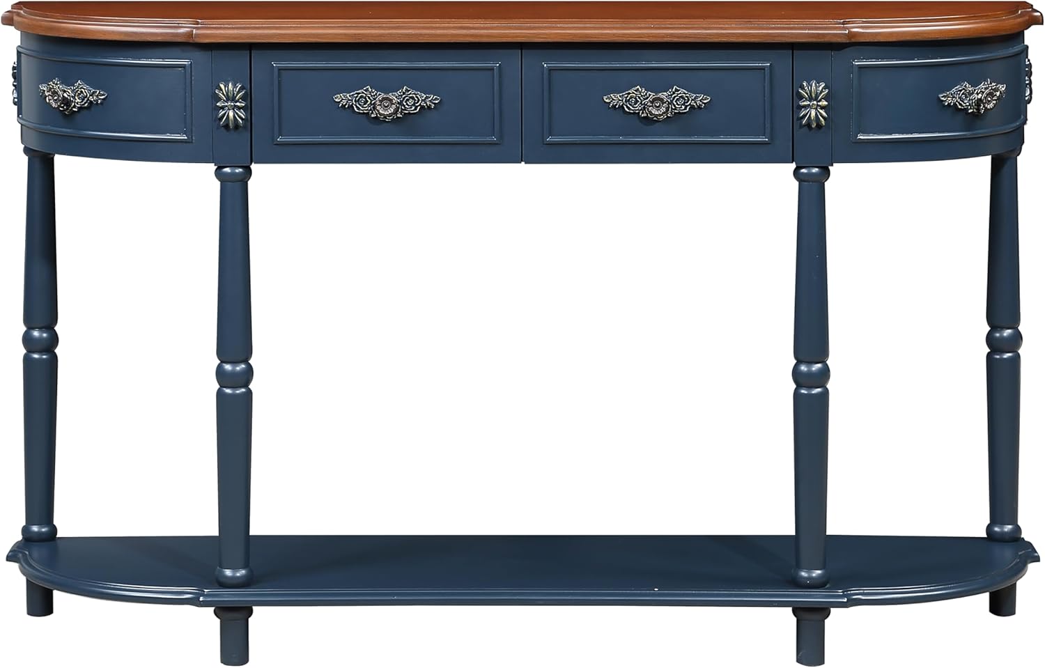 Knocbel 52in Sofa Console Table with 2 Storage Drawers and Bottom Slatted Shelf, Entry Hallway Foyer Long Retro Curved Table with Legs, 13" D x 52" W x 32" H Navy Blue