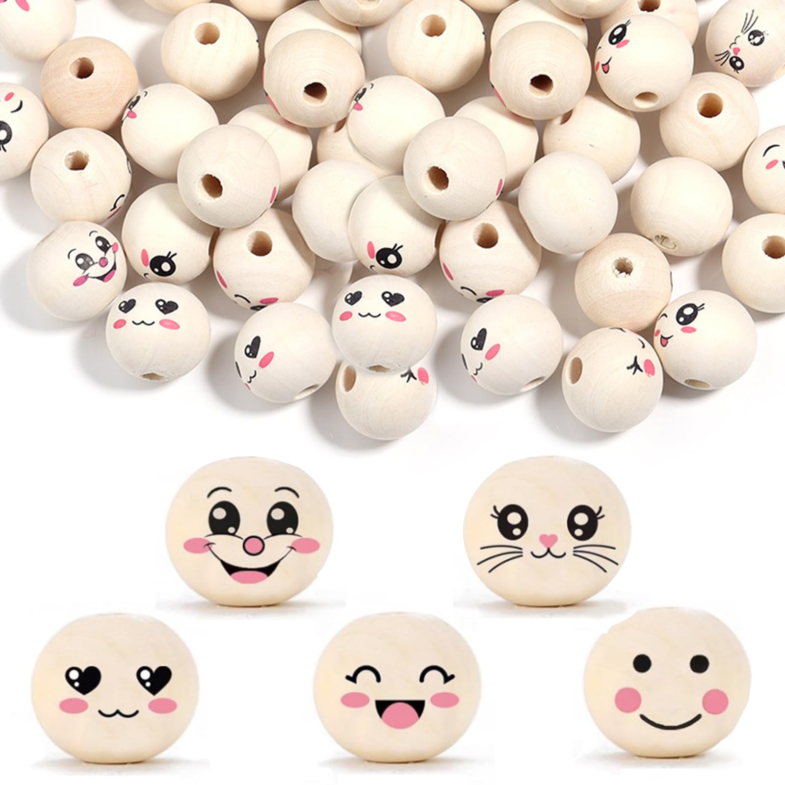 EUDUQ 100PCS Wooden Beads with Faces,20mm Smile Face Wooden Balls with Hole,5 Styles Natural Wood Beads for Crafting,DIY Jewelry Making, Macrame,Bracelet and Home Decorations