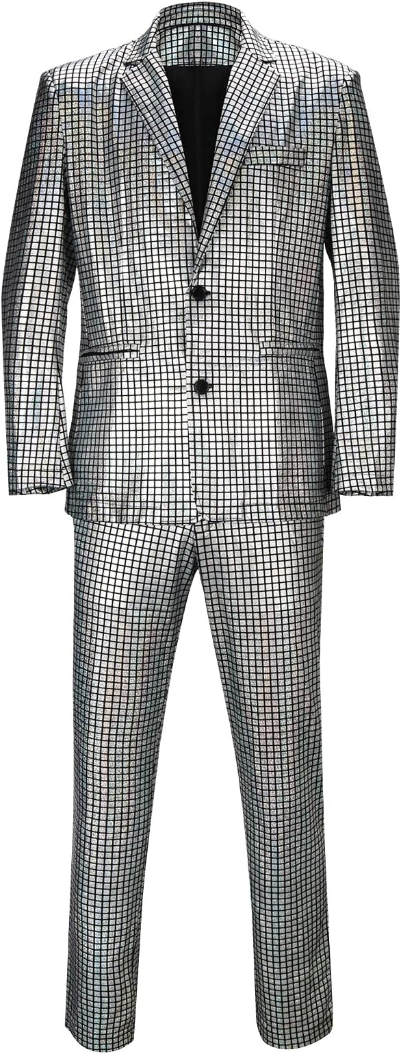 Men’s 2 Pieces Disco Costume Jacket Pants Outfit Set Adult 70s Shiny Metallic Sequin Halloween Cosplay Party Suit