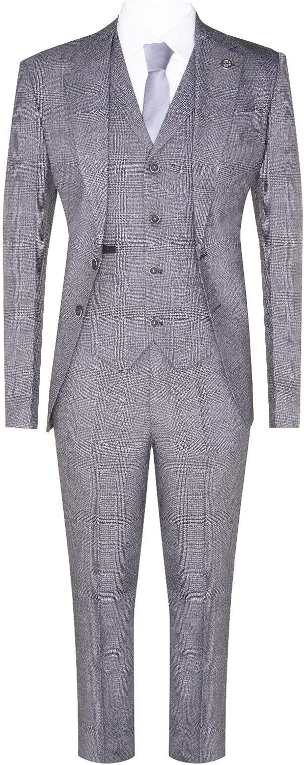 Mens Grey 3 Piece Suit Prince of Wales Check Classic Tailored Fit Wedding Suit