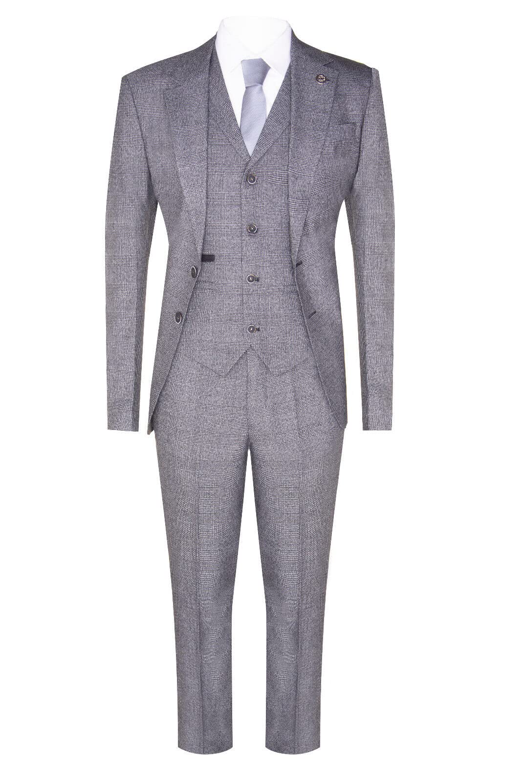 Truclothing Men's Grey 3 Piece Suit Prince Of Wales Check Classic Tailored Fit Wedding Suit 52