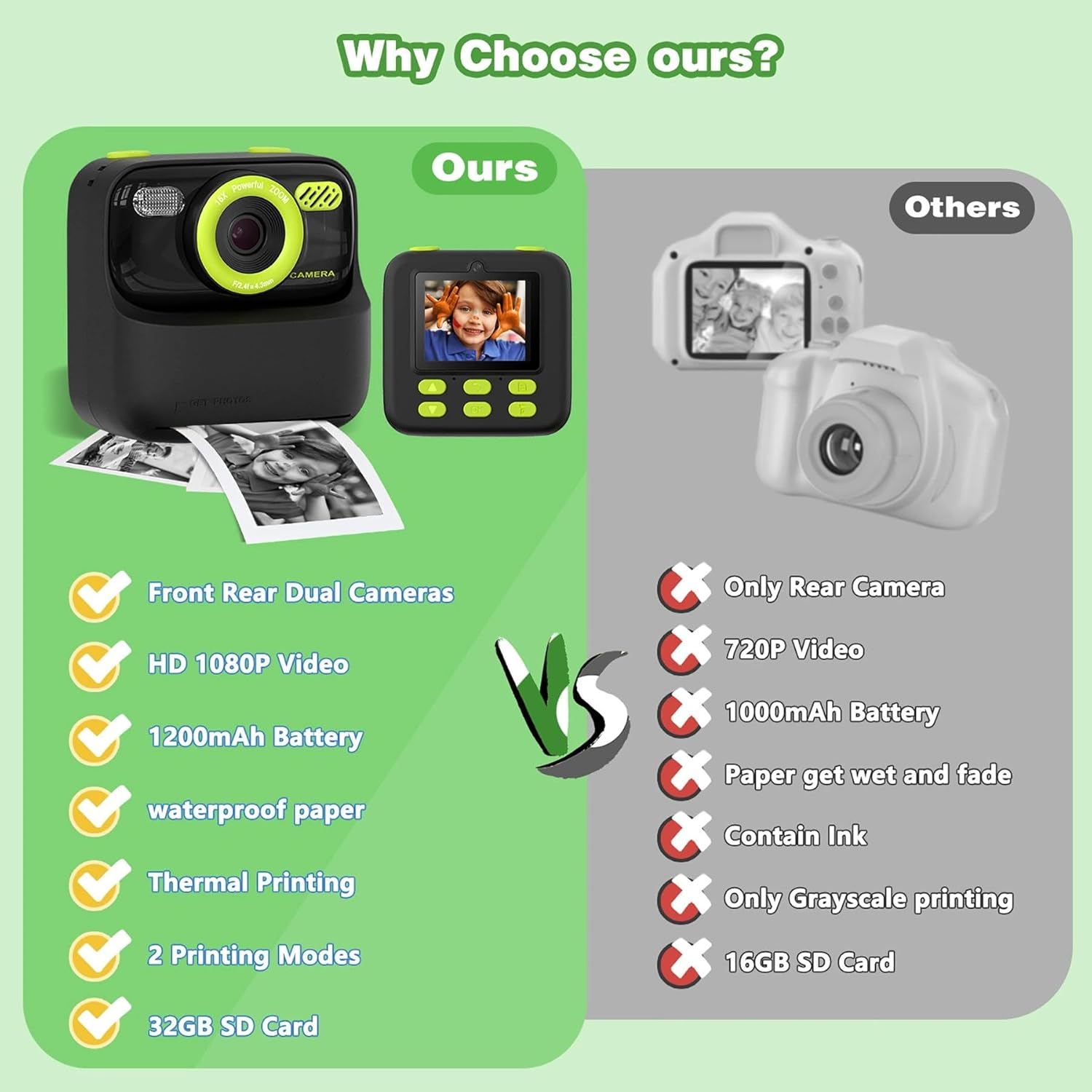 BEBERISI Kids Camera Instant Print Photo,HD Digital Camera Toy for Boys & Girls Ages 3 4 5 6 7 8 9 10 11 12 Year Old Christmas & Birthday Present（Black）