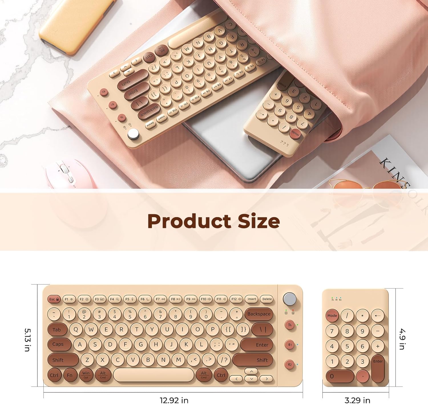 Bluetooth Computer Keyboards, Wireless Spilt Ergonomic Keyboard with Separate Numeric Keypad, Low-Noise Keyboard, Mini Numeric Keypad for Accountants/Left-Handed User, Milk Tea