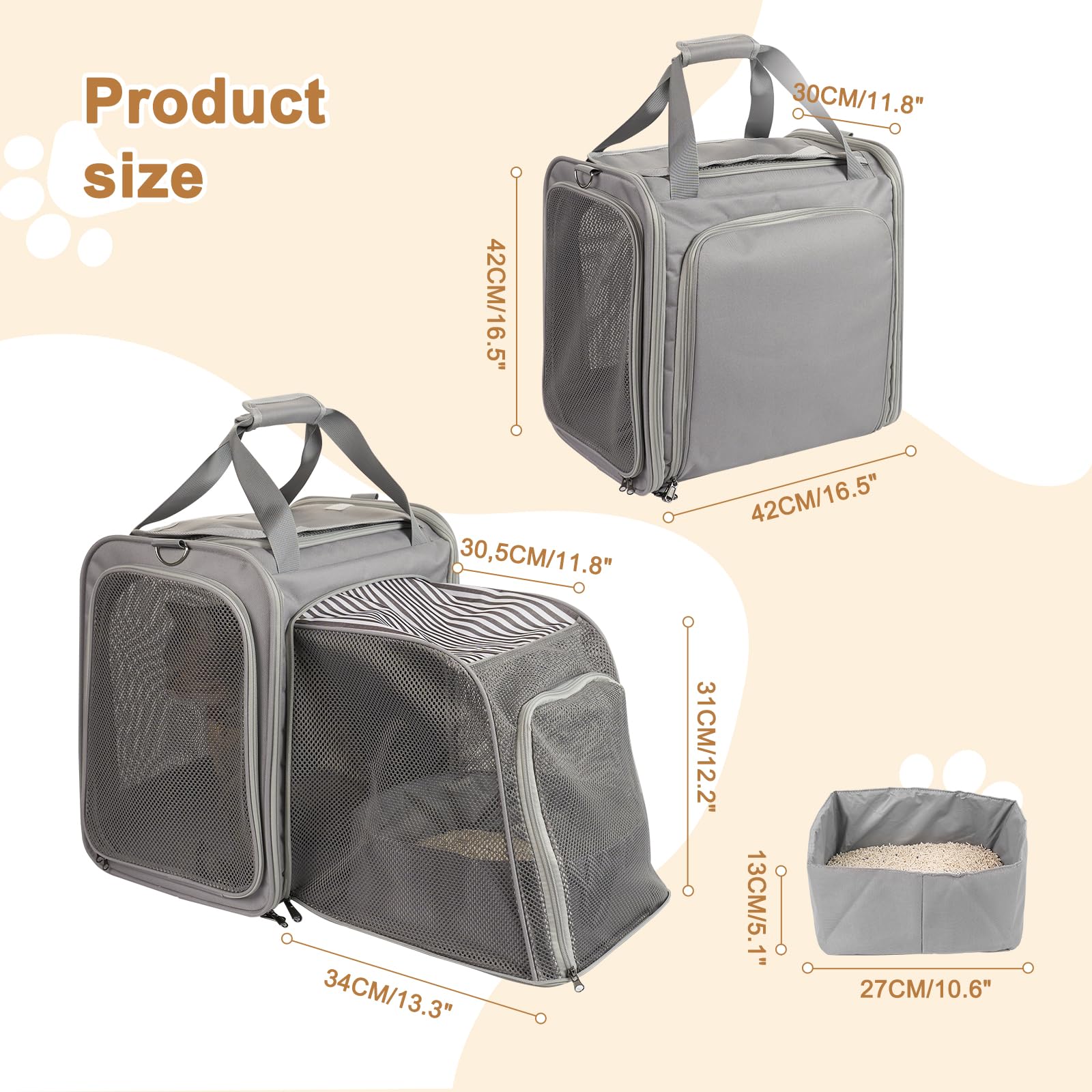 Faltbare Katzentransportbox mit integriertem Katzenklo, erweiterbar atmungsaktiv Katzentasche, 900D Oxford Stoff, tragbar Reisebox für Katzen bis 10 kg, ideal für Reise, Camping & Tierarztbesuch